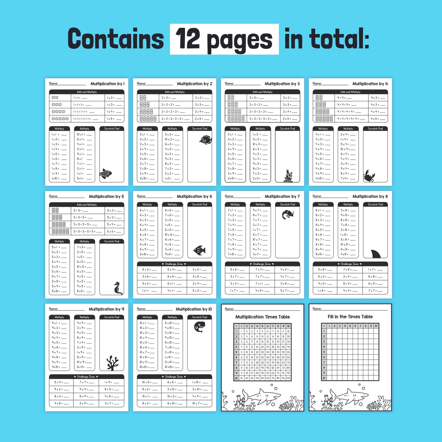12-page printable PDF of multiplication worksheets with an ocean theme.