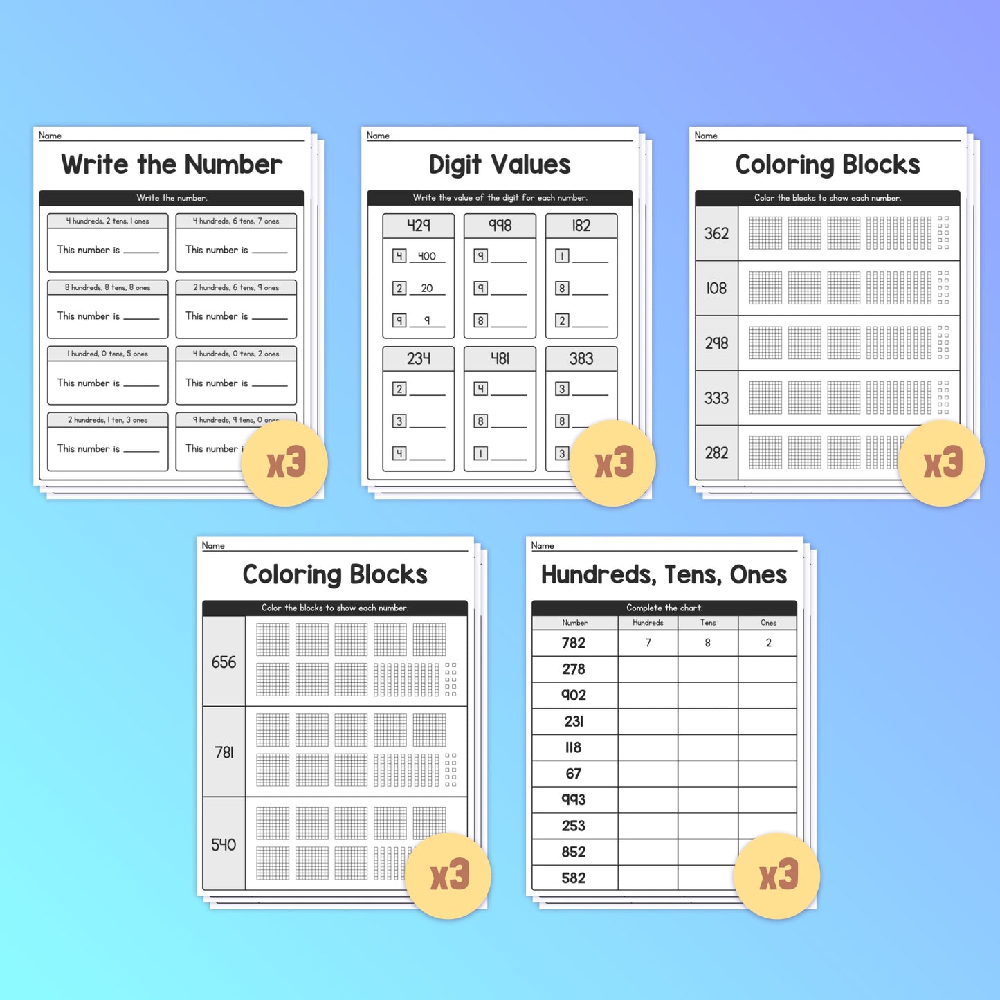 Place value worksheets with numbers, digits, coloring blocks, and value charts.
