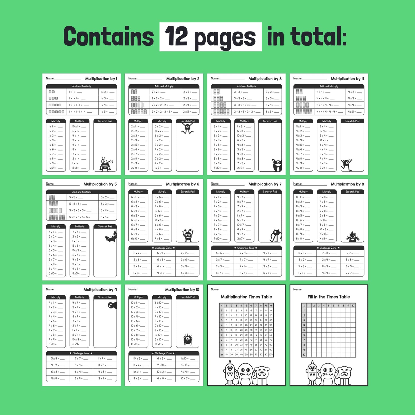 12 pages of multiplication exercises and charts.