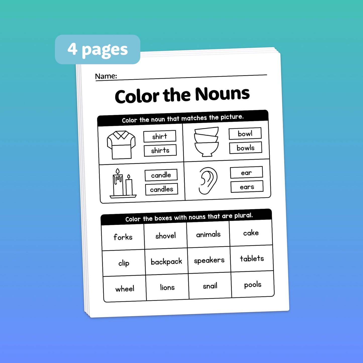 Worksheets titled "Singular and Plural Nouns" with noun-pictures and related activities.