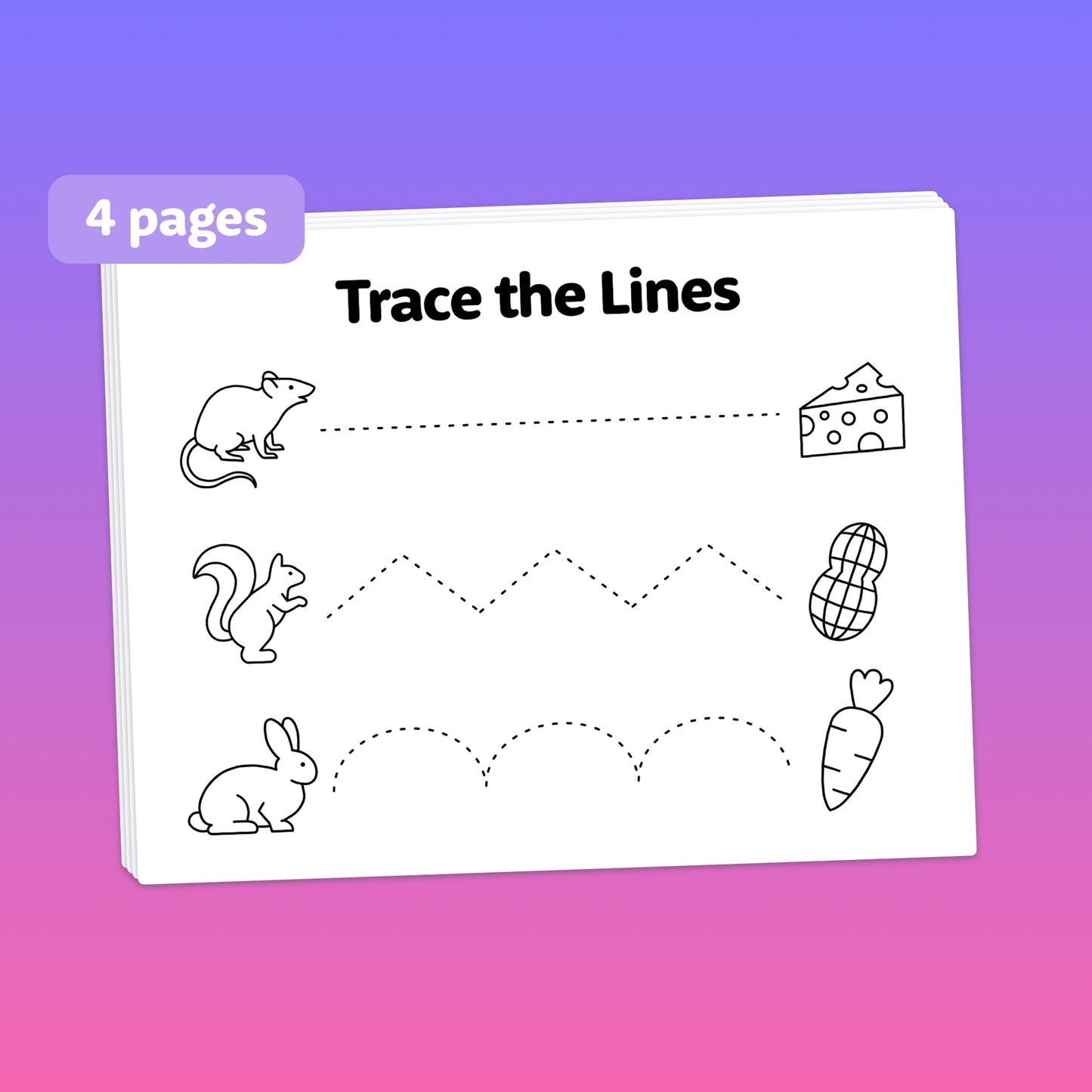 Activity book page with animals tracing lines to their favorite foods.
