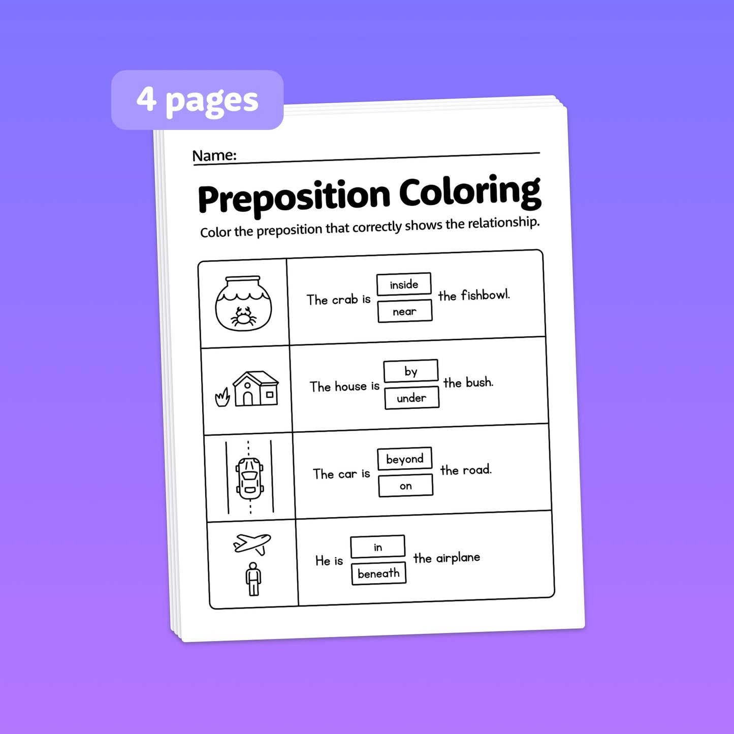 Worksheet titled "Prepositions Worksheets" with coloring activities.