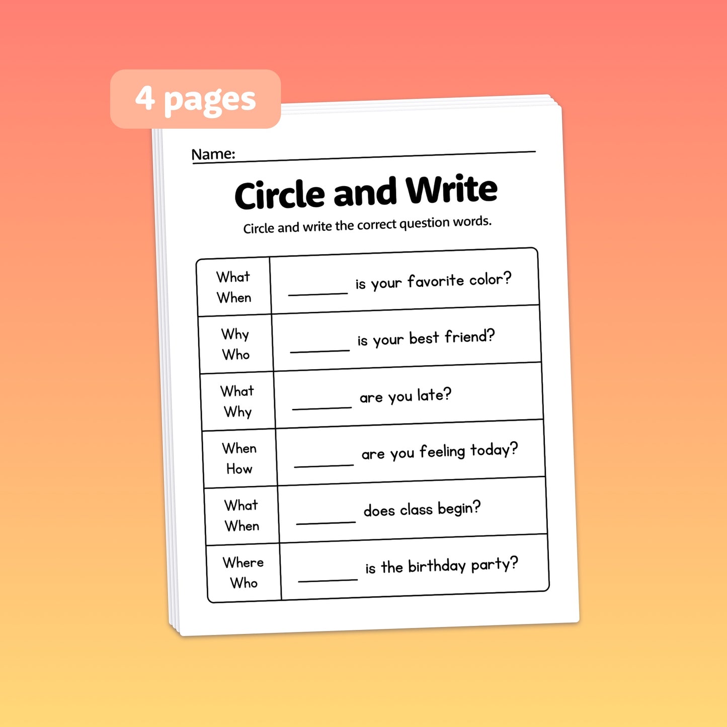 Worksheet titled "Question Words Worksheets" with six fill-in-the-blank questions.