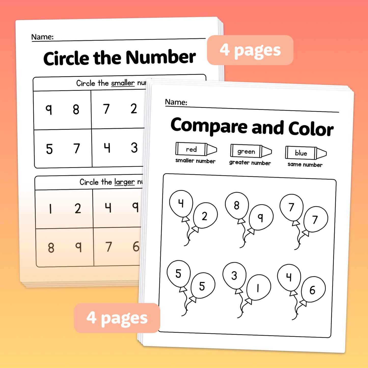 Two activities, Circle the Number and Compare and Color, each with 4 pages.