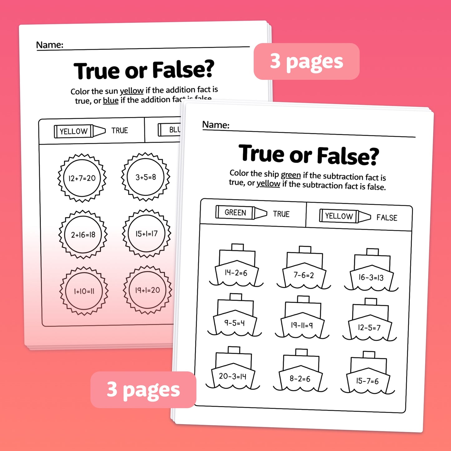 Two math worksheets titled "True or False?" for addition and subtraction up to 20.