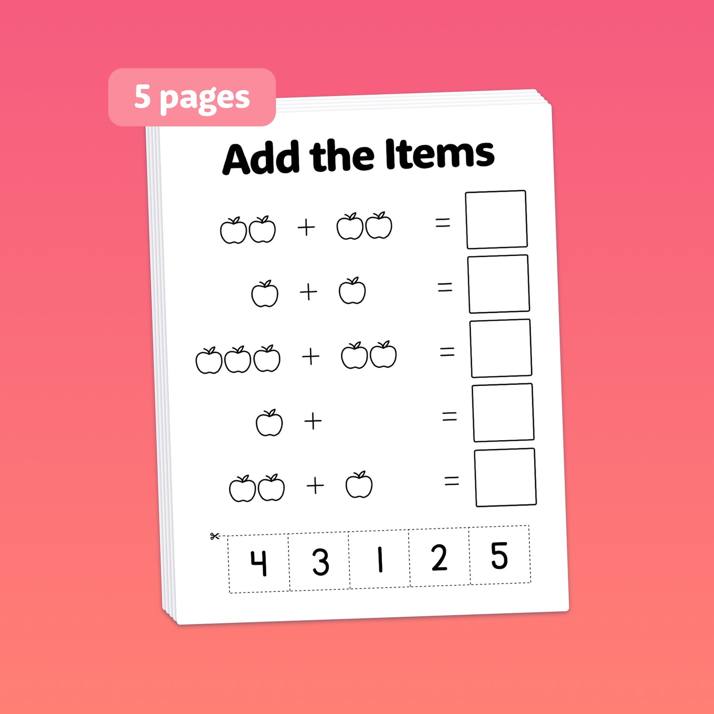 Apple-themed addition worksheets with problems and answer boxes.