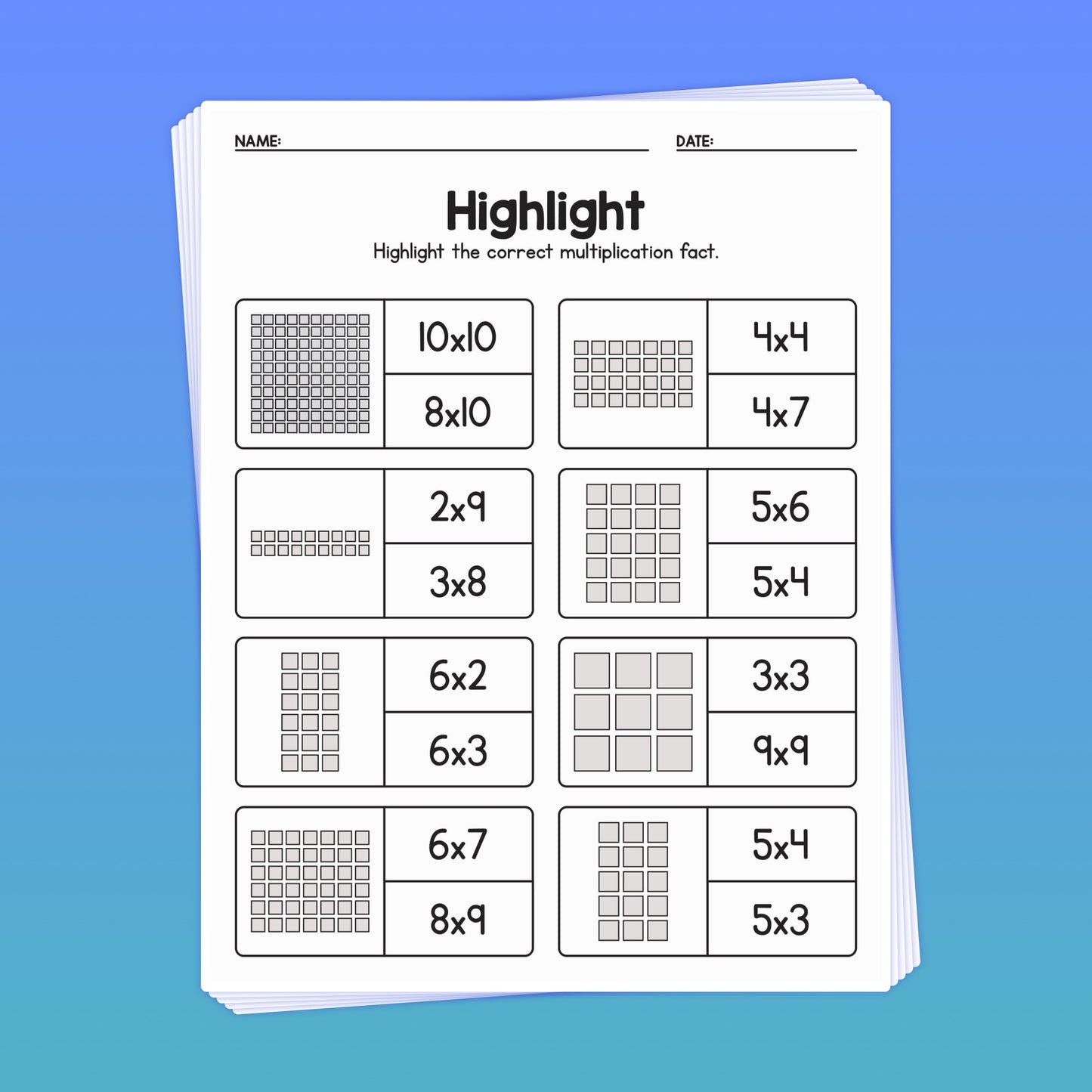 Multiplication Array Worksheets with grids and equations.