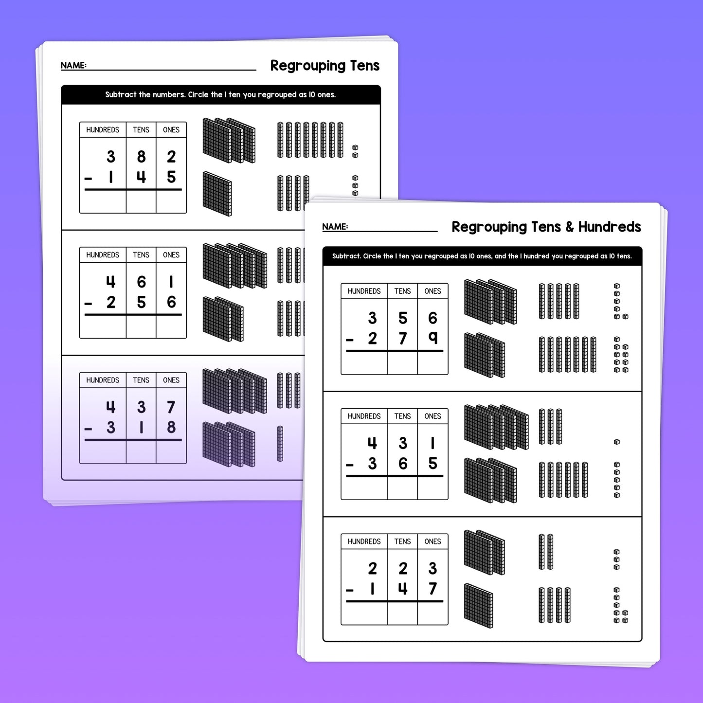 2nd grade 3 digit subtraction with regrouping with base ten blocks