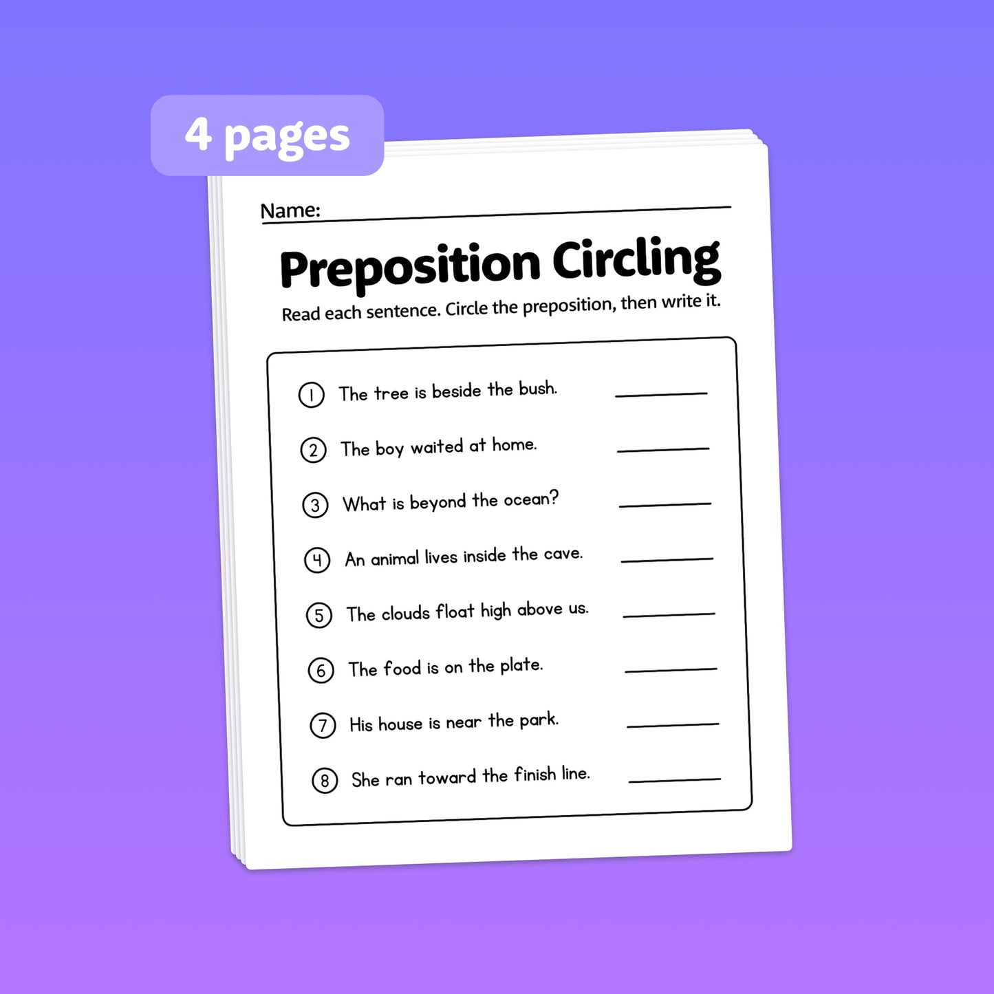 A worksheet titled "Preposition Circling" with eight sentences and blanks to fill in.