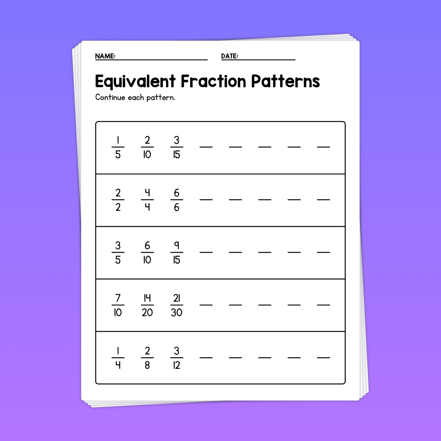 equivalent fraction patterns worksheets