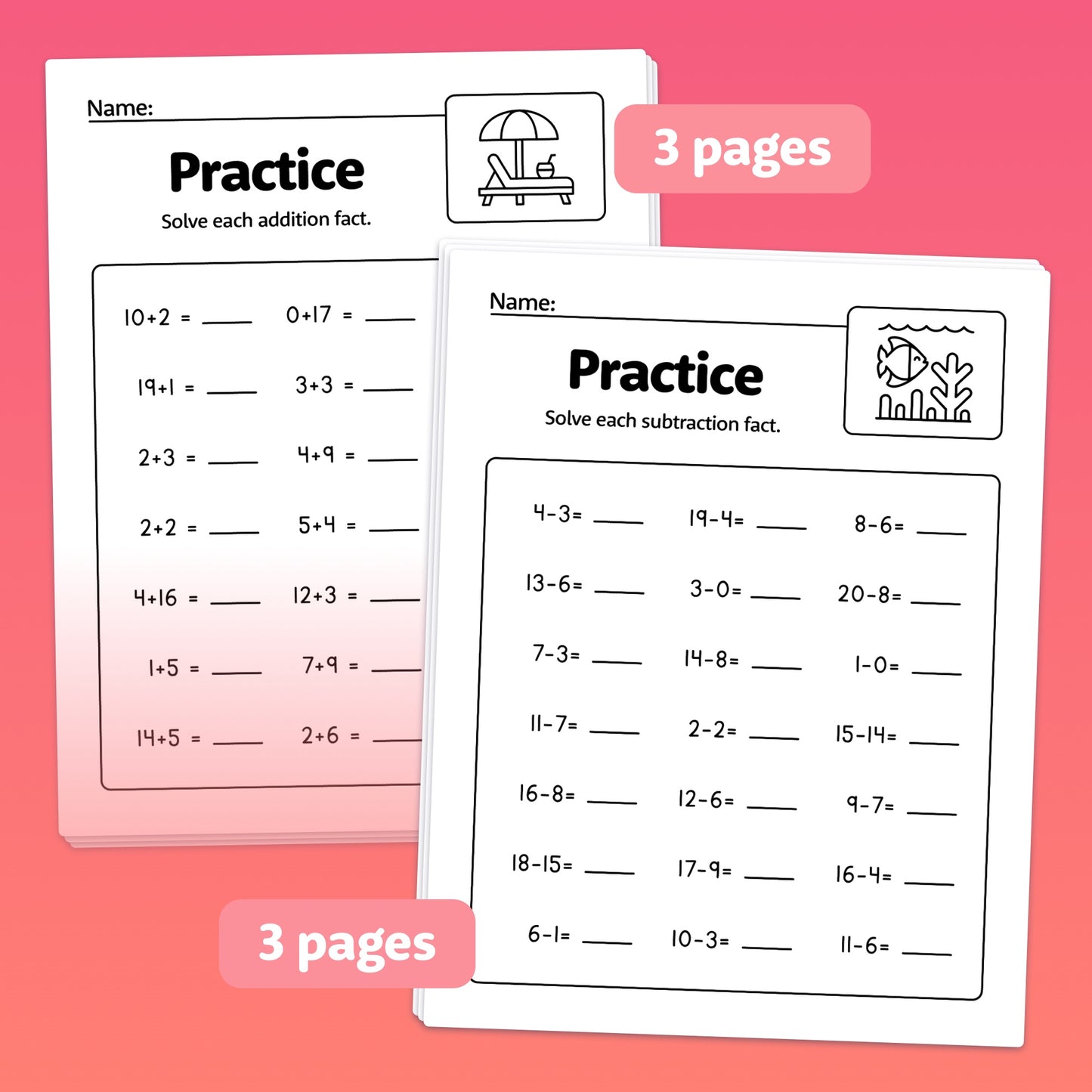 Six pages showing addition and subtraction problems up to 20 for summer-themed practice.