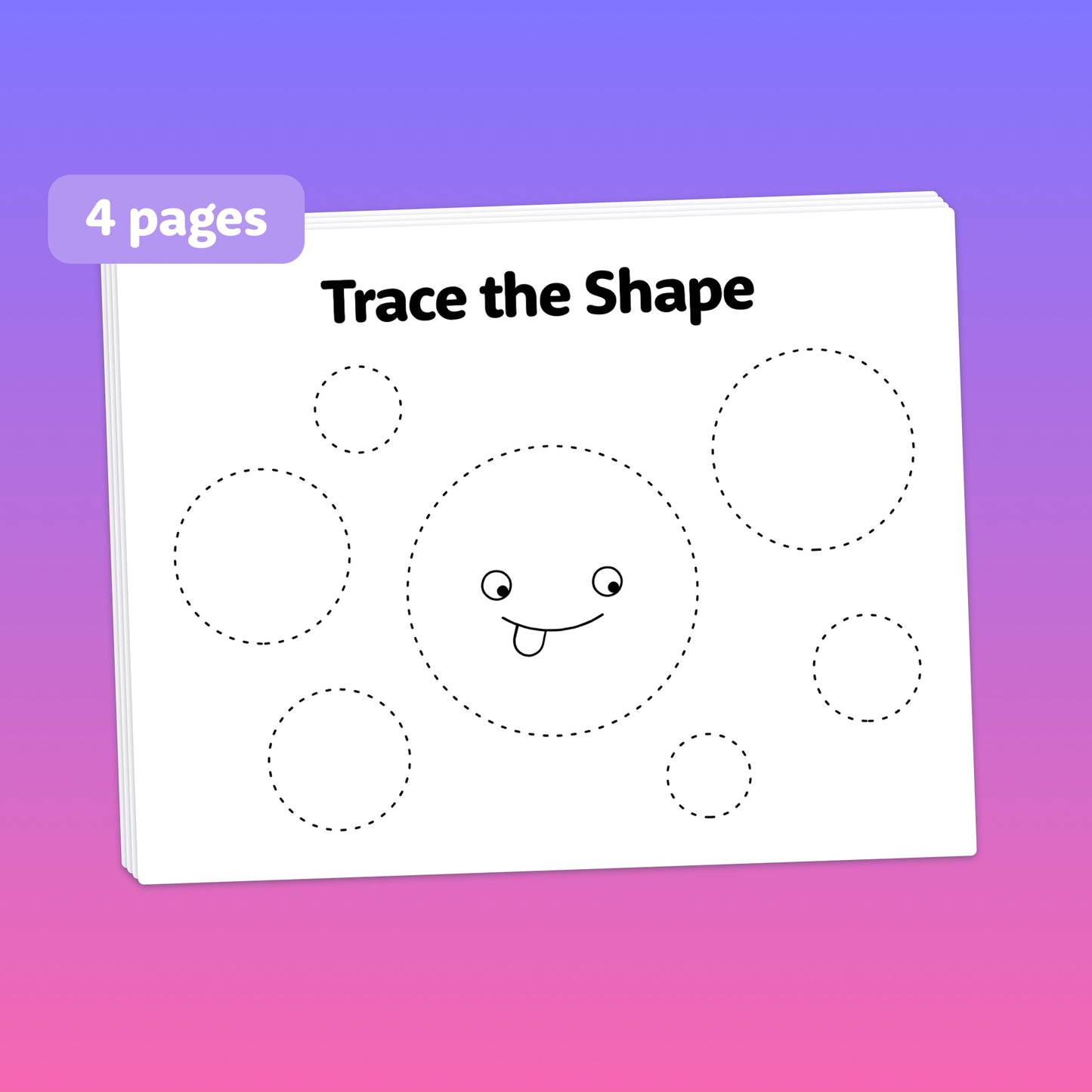 A 4-page activity book titled "Pre-Writing Worksheets" with dotted circles and a face.