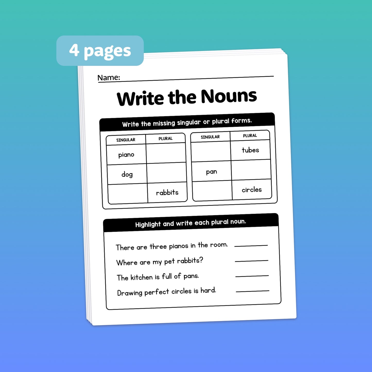 Worksheet titled "Singular and Plural Nouns Worksheets" with noun exercises.