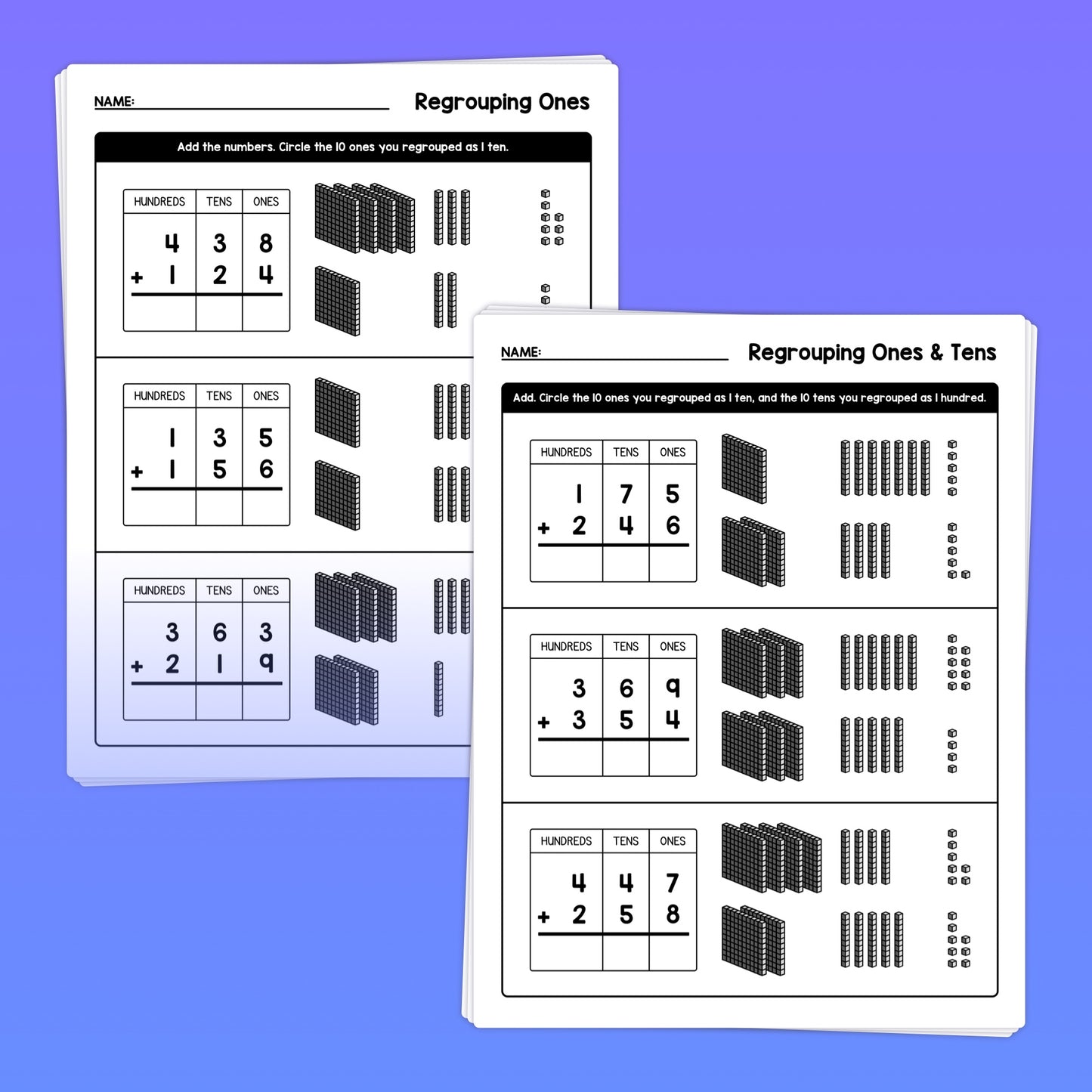 2nd grade 3 digit addition with regrouping worksheets with base ten blocks