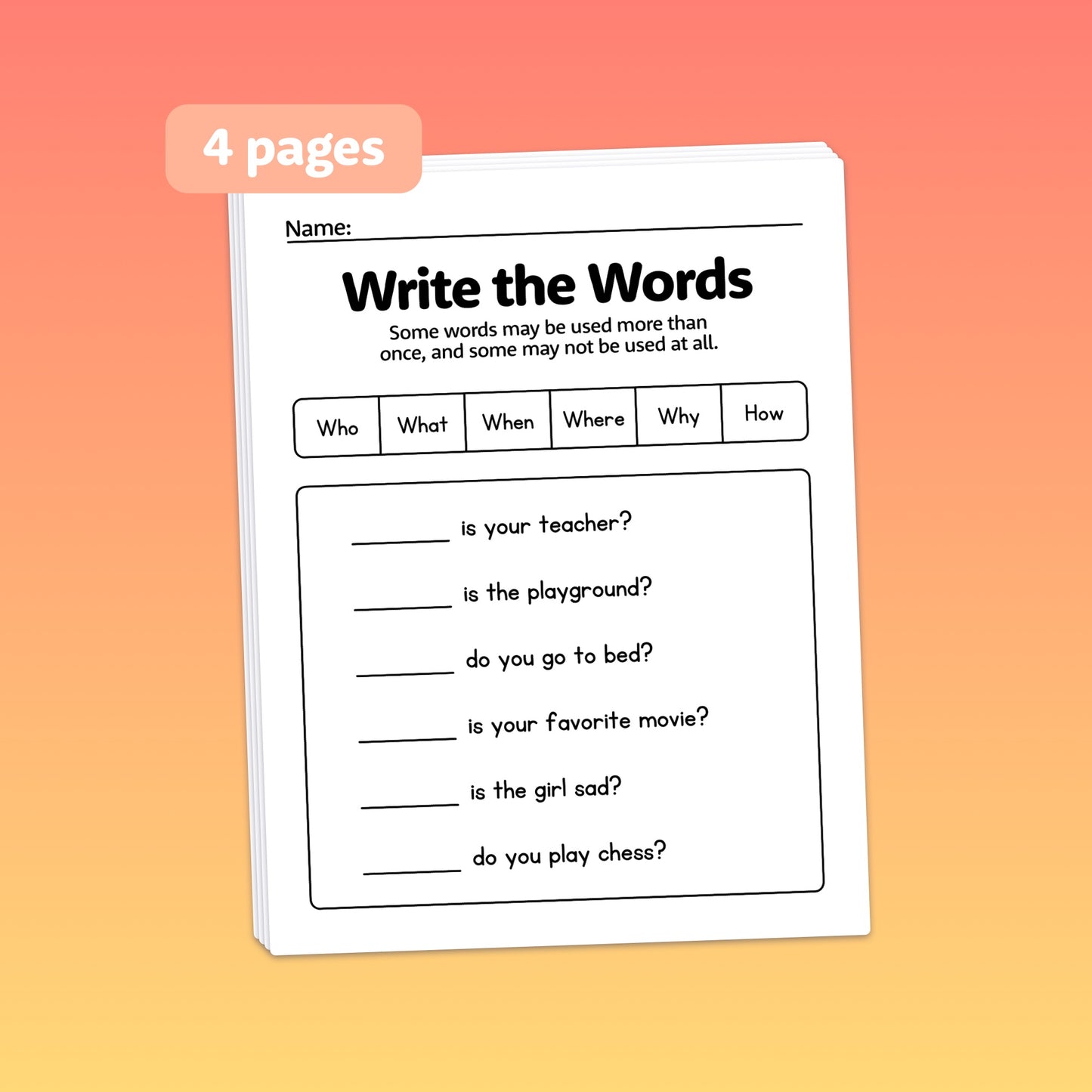 A worksheet titled "Question Words Worksheets" with fill-in-the-blank questions.