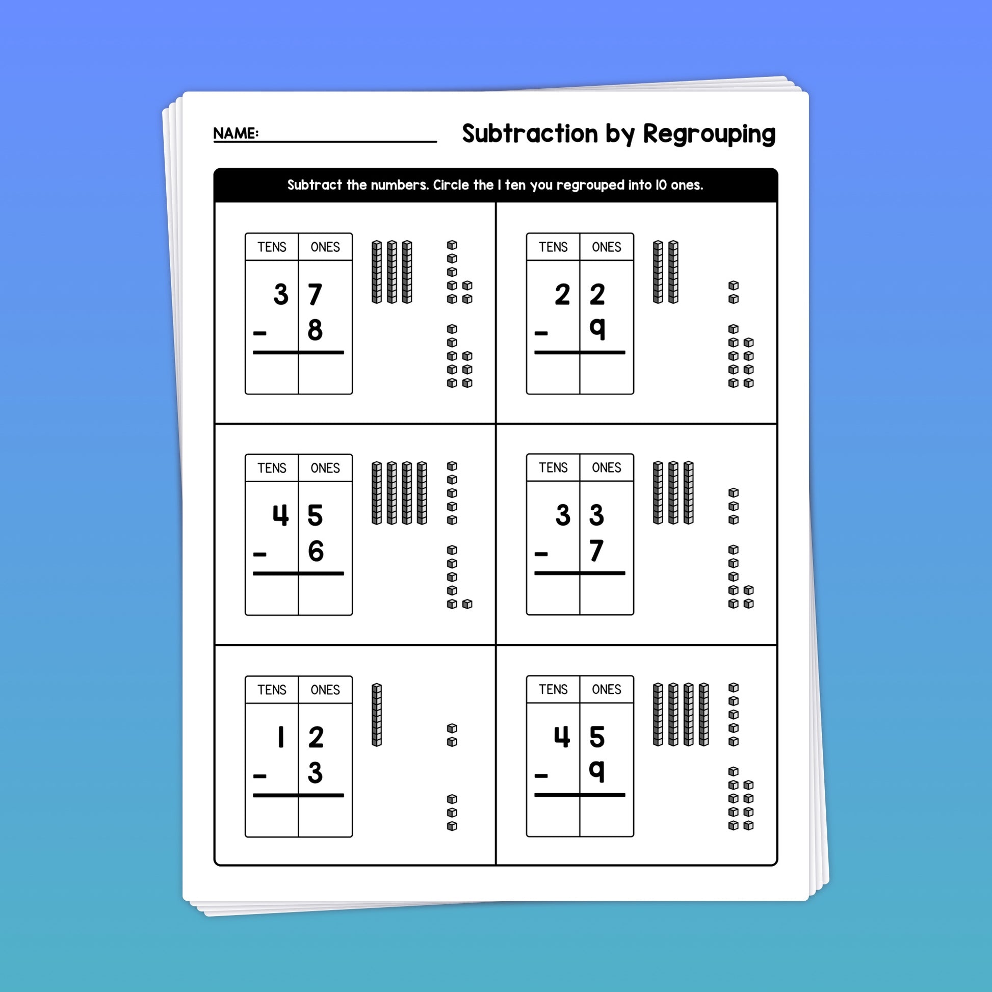 2nd grade subtraction by regrouping with base ten blocks