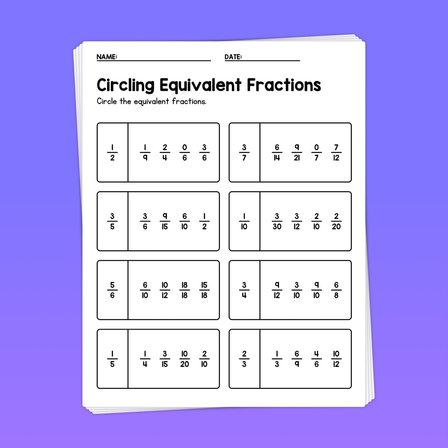 Circling equivalent fractions worksheets