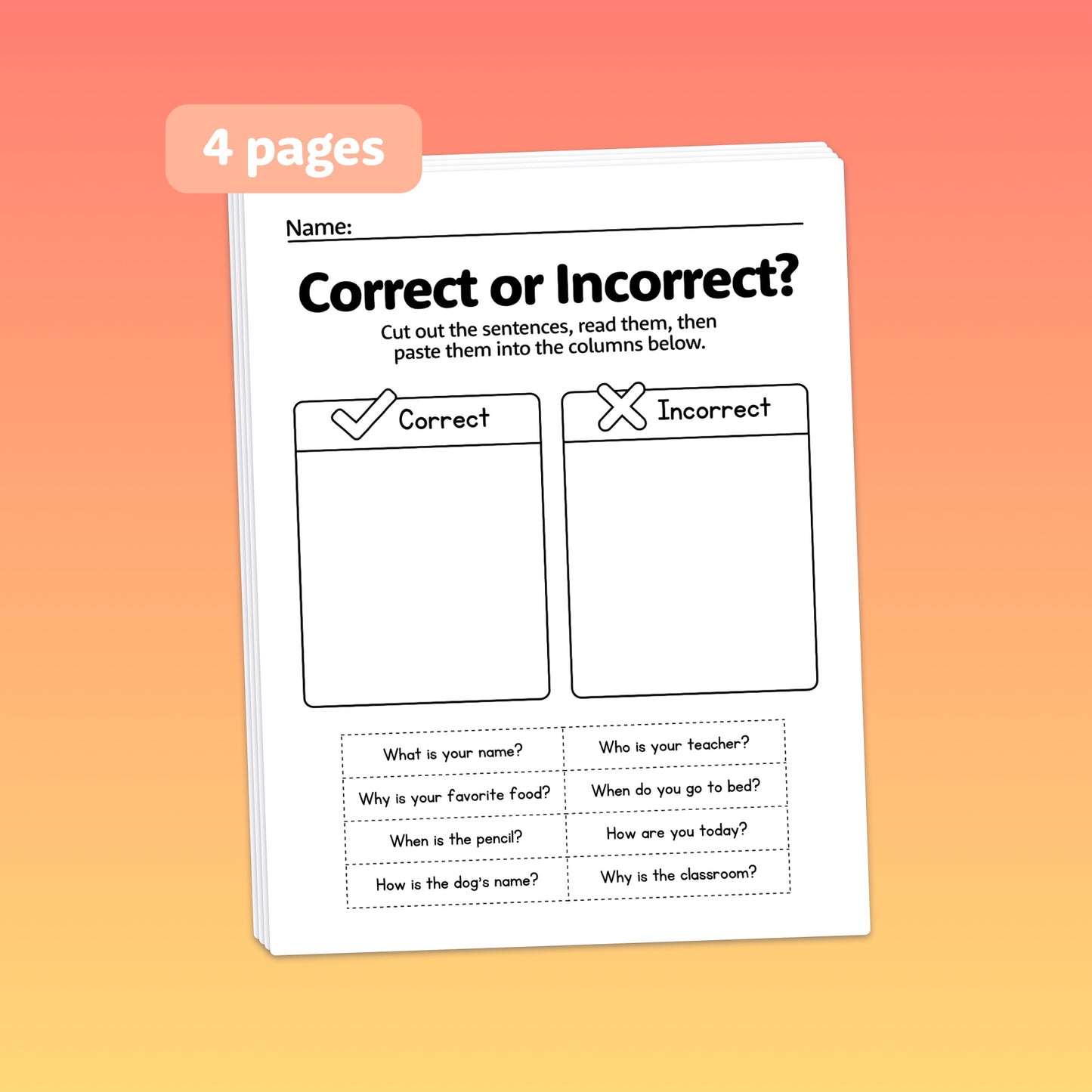 Worksheet titled "Question Words Worksheets" with cut-and-paste sentence activity.