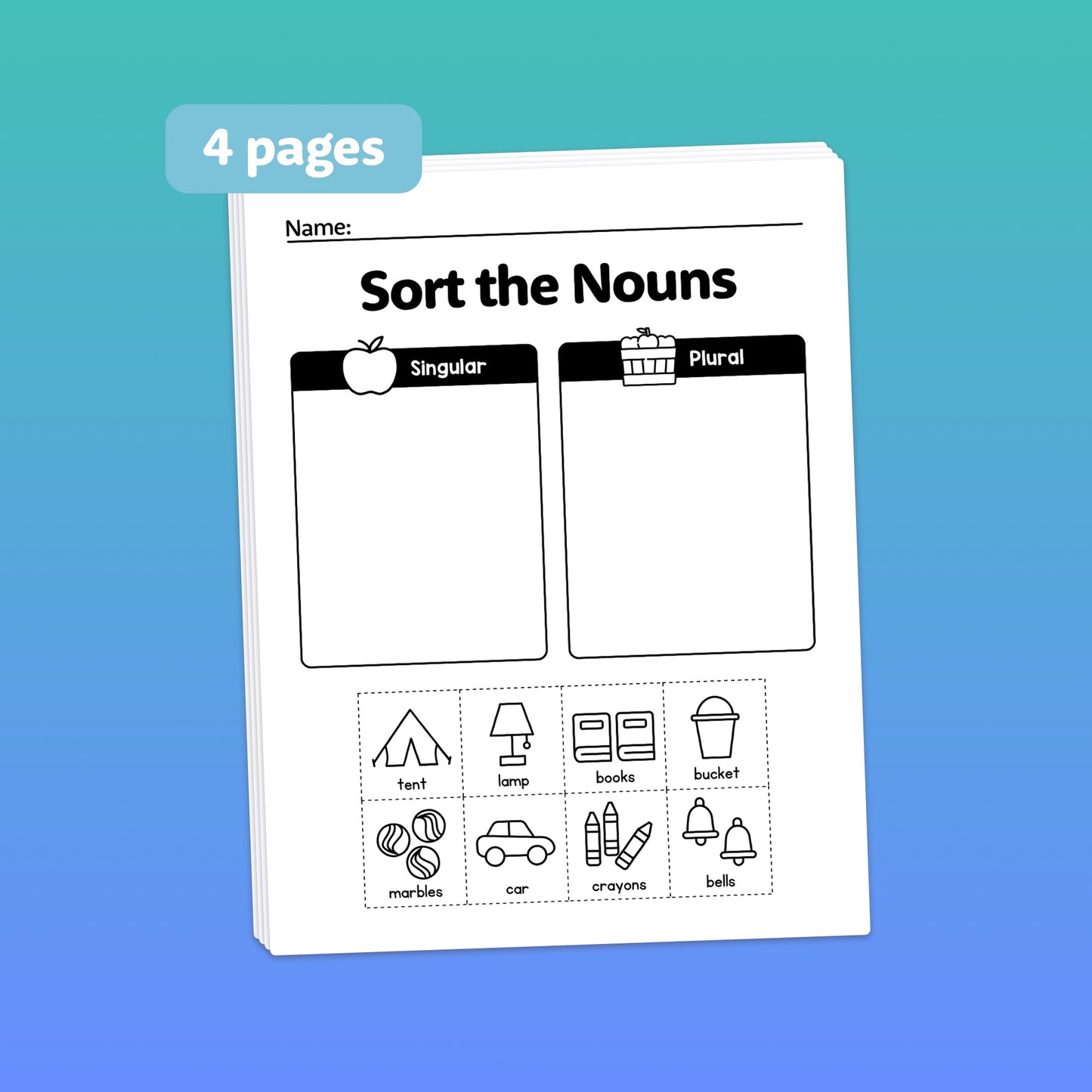 Worksheet titled "Singular and Plural Nouns Worksheets" with 4 pages and sections.