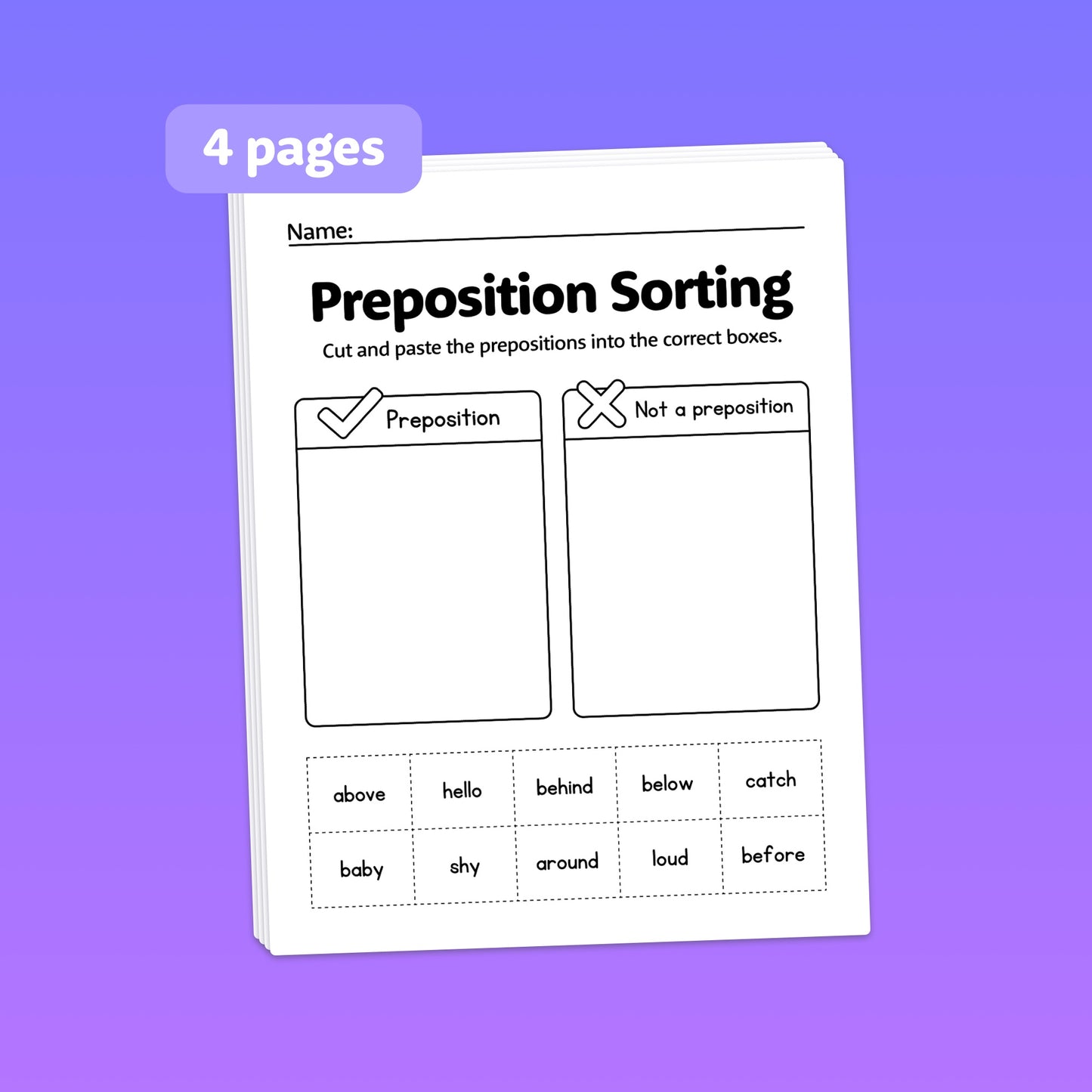 Worksheet titled "Prepositions Worksheets" for sorting prepositions and non-prepositions.