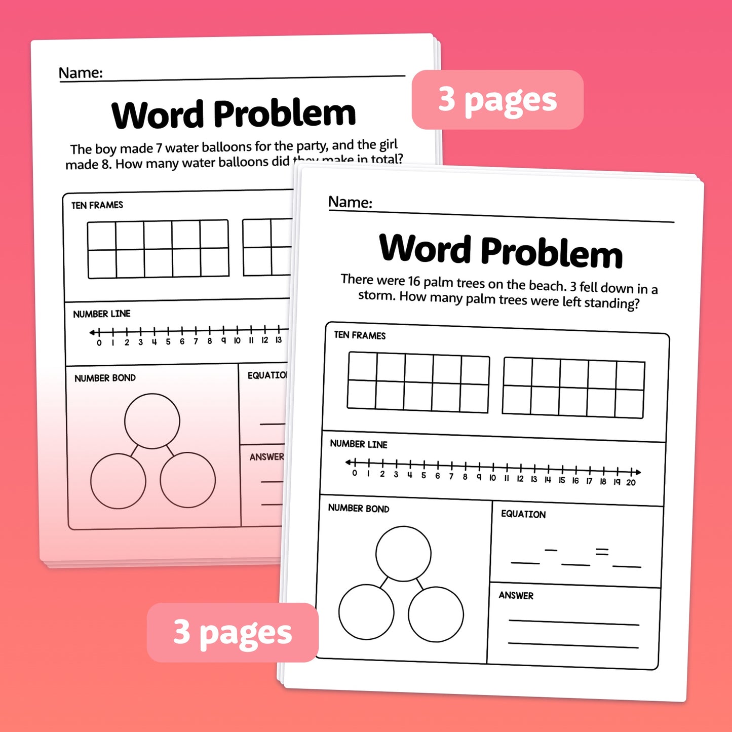 Two worksheets titled "Summer Addition & Subtraction to 20" with math problems and number bonds.