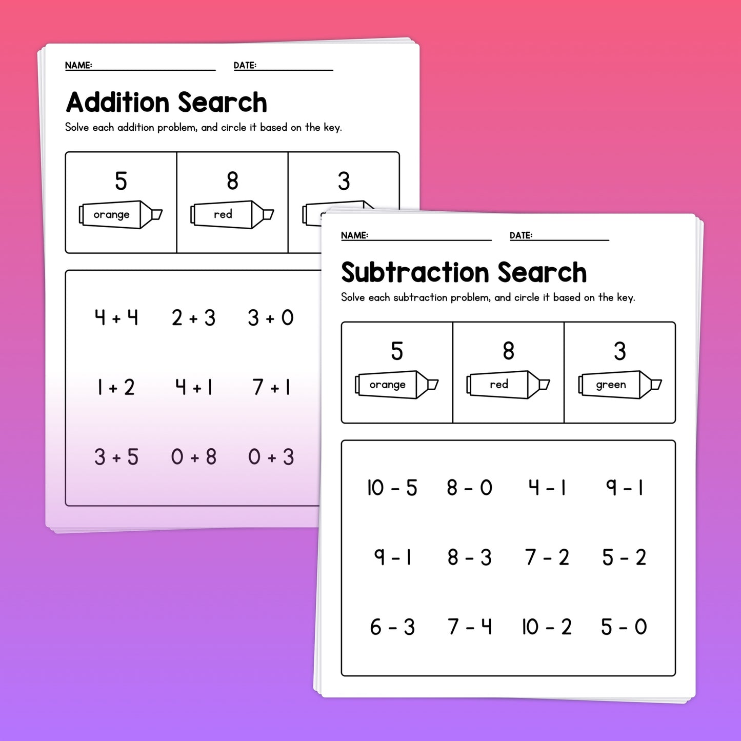 Addition and subtraction search activities