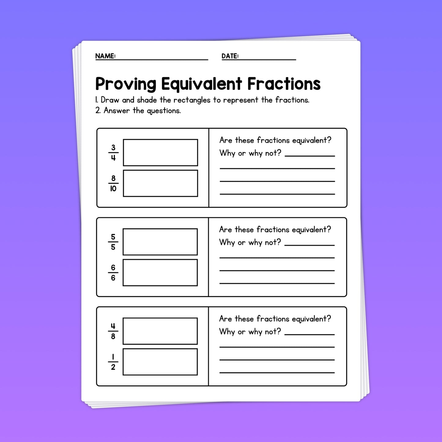 Proving equivalent fractions worksheets