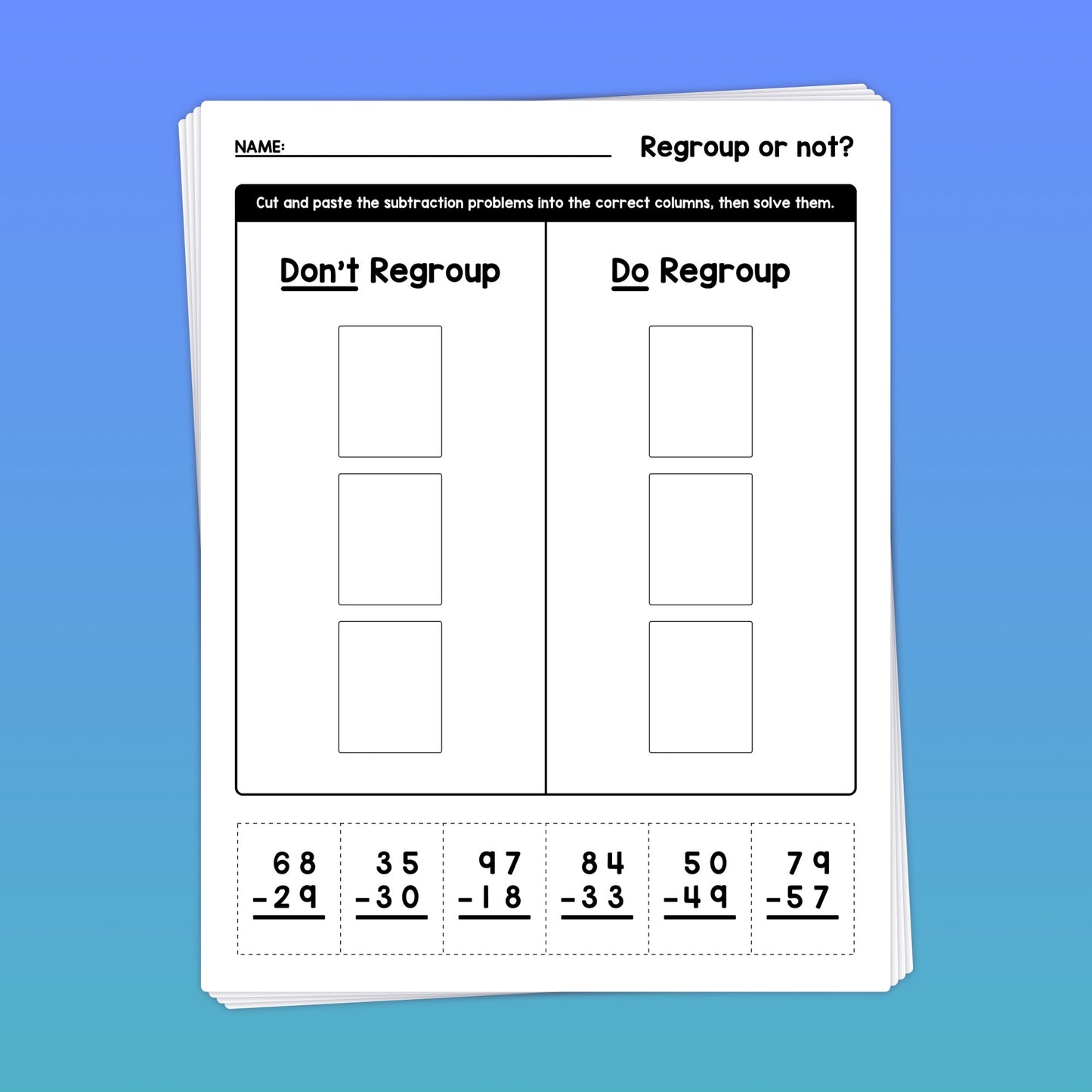 1st grade subtraction by regrouping sorting activity