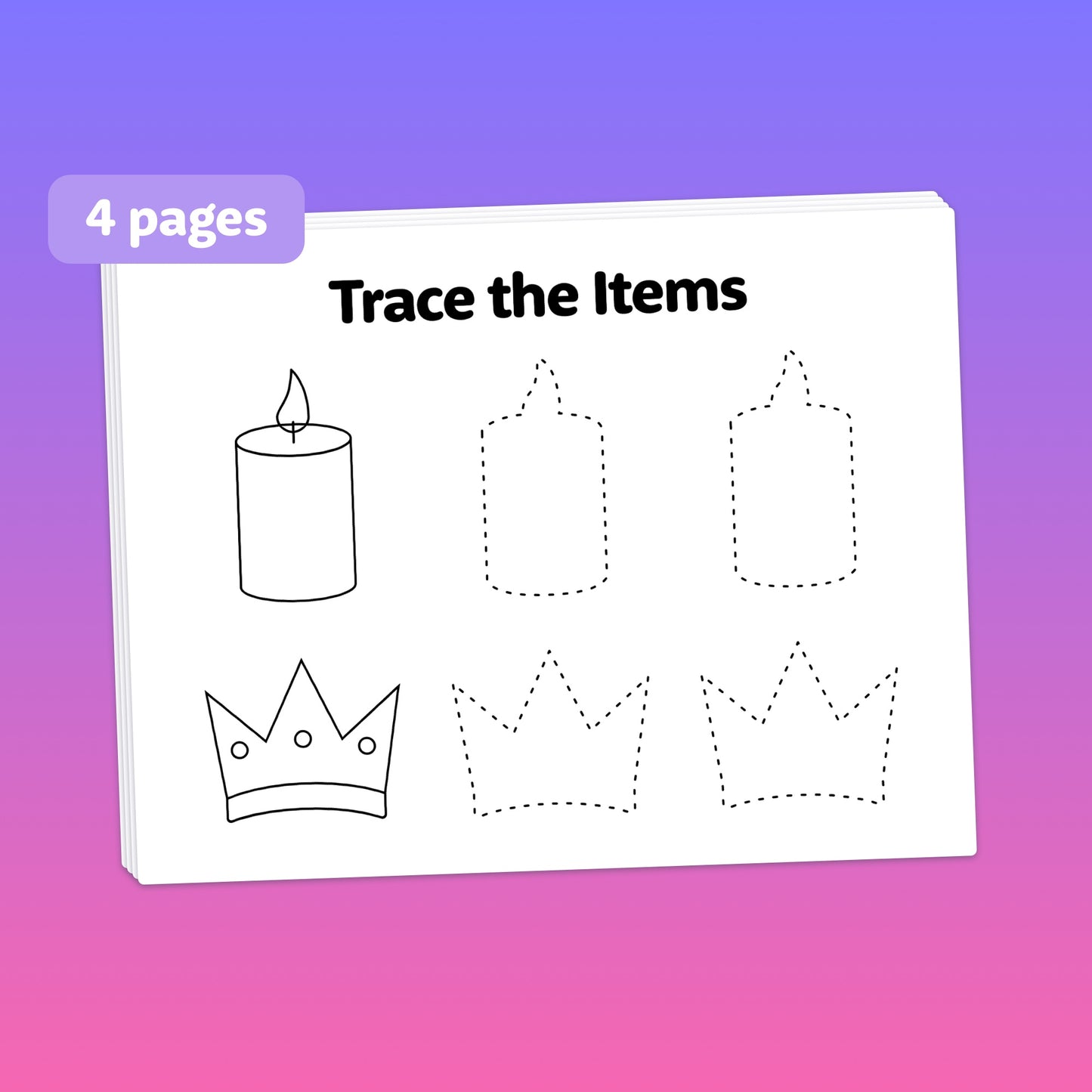 Pre-writing worksheet with a candle and crown.