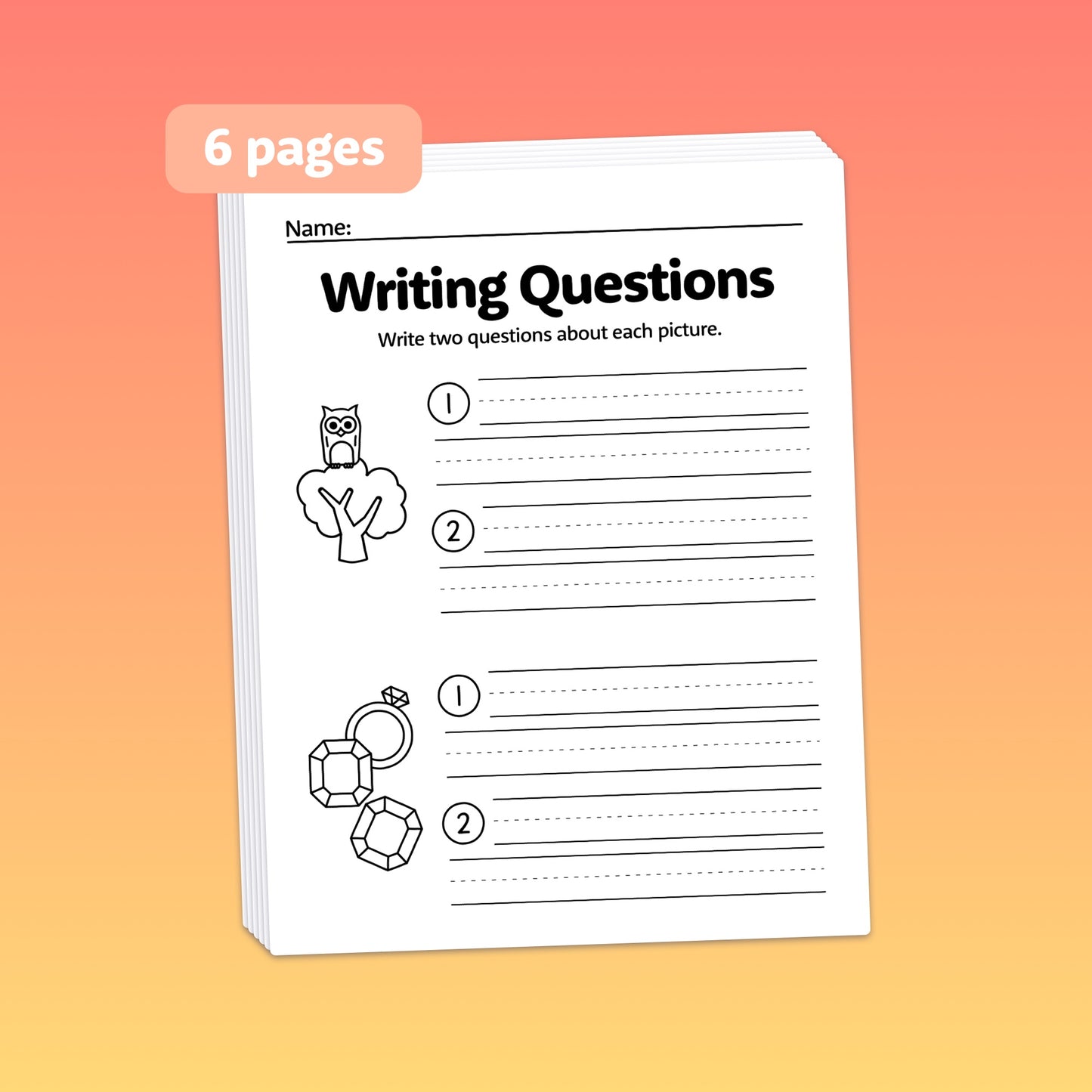 Pack of 6 worksheets with question words, owl images, and multiple cubes.