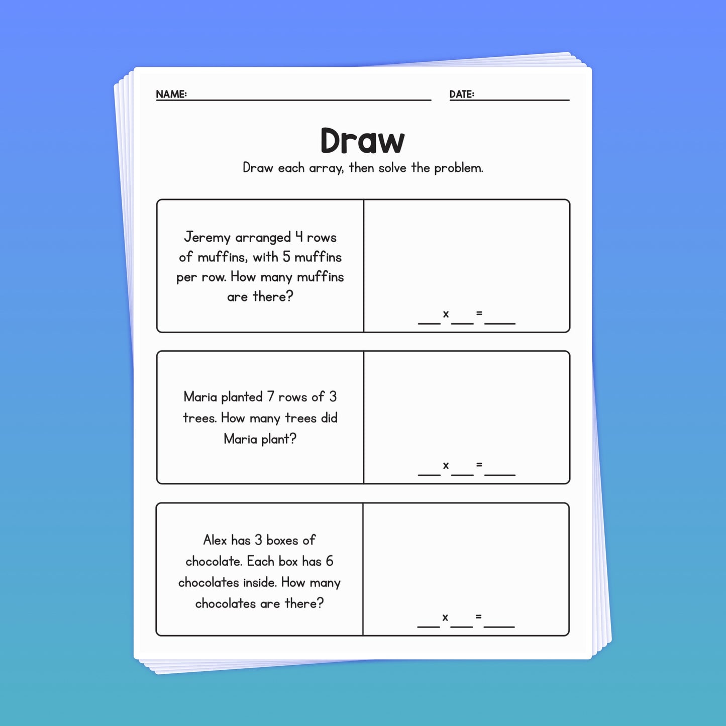 Printable PDF file with multiplication array worksheets.