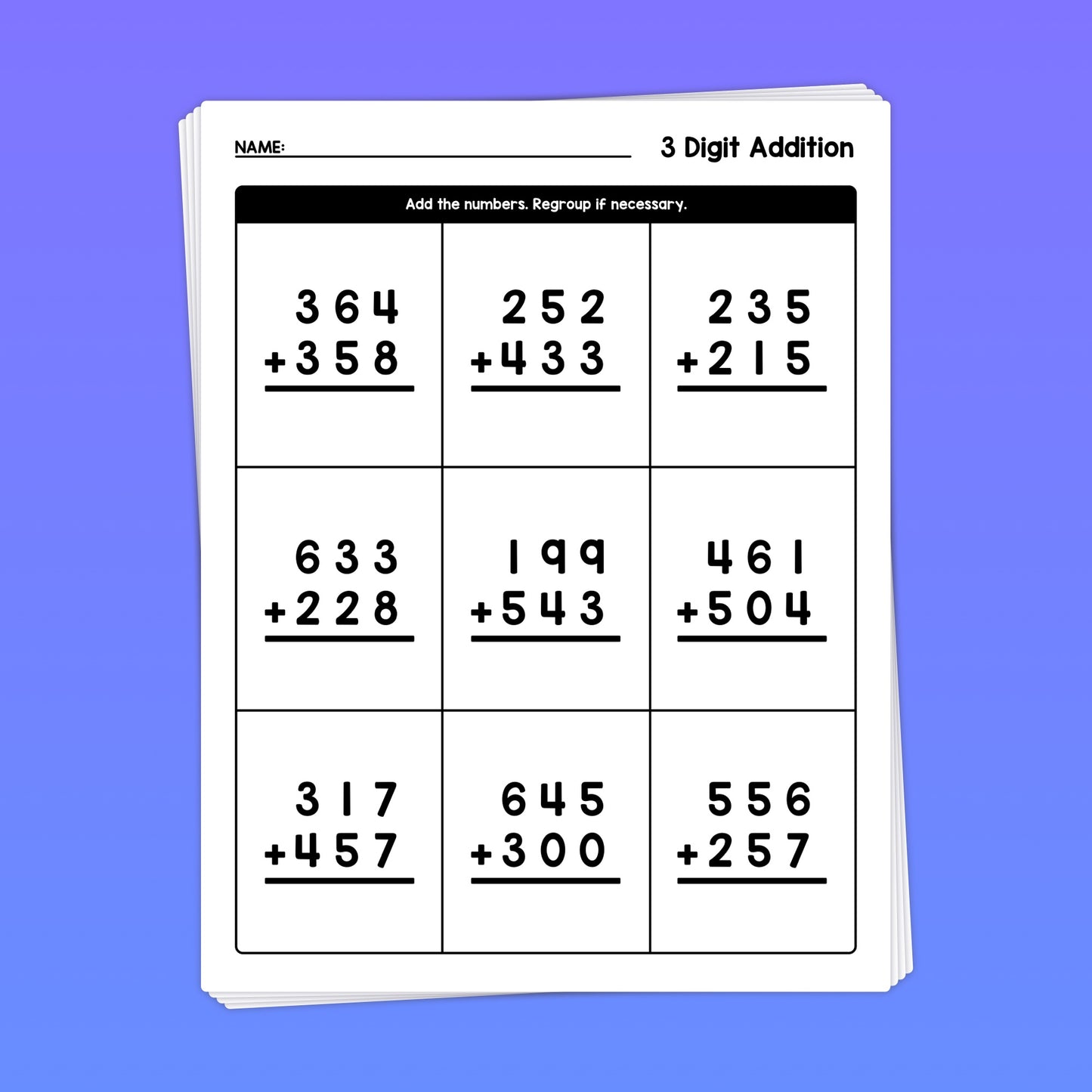 3 digit addition with regrouping 4th grade math worksheets