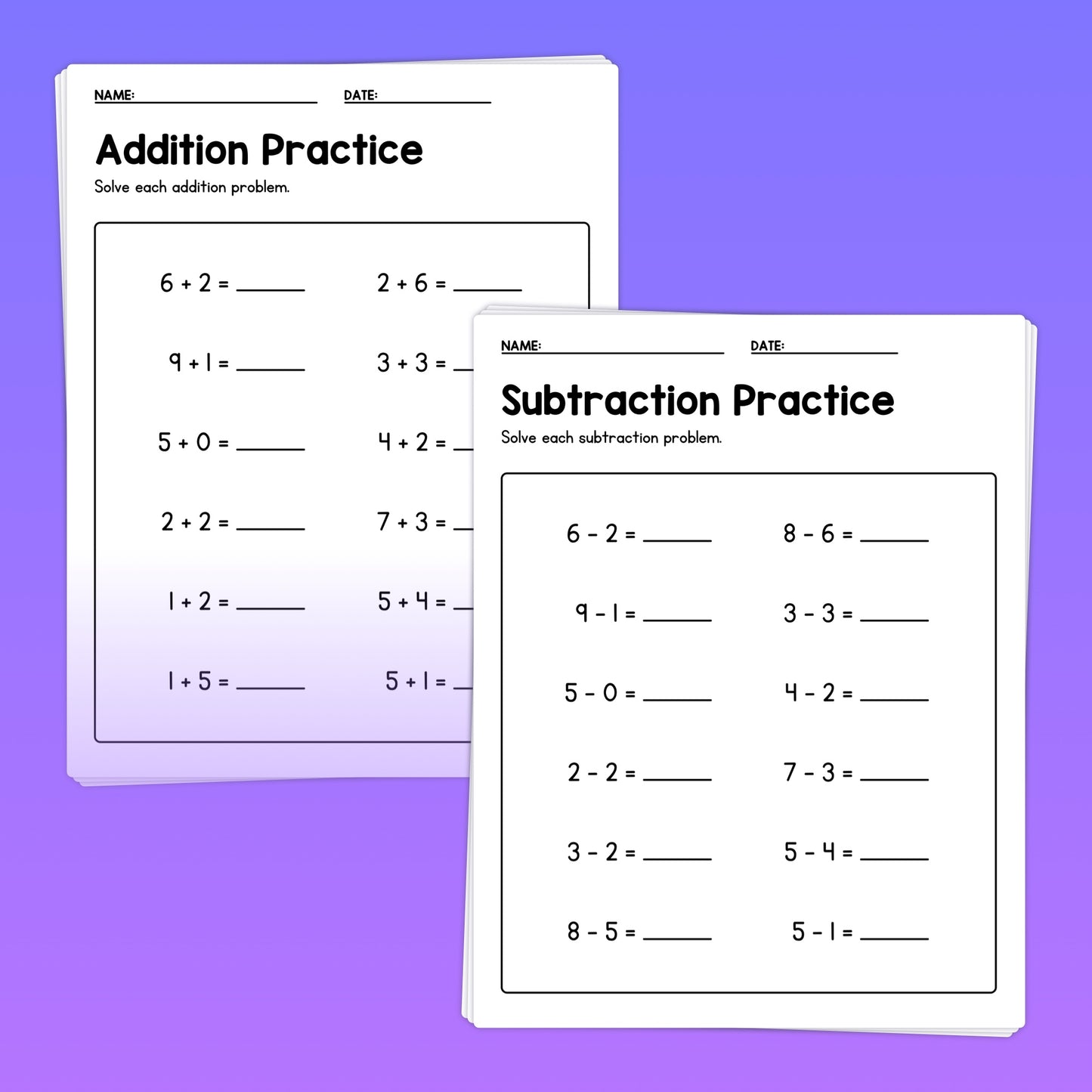 Printable addition and subtraction practice sheets