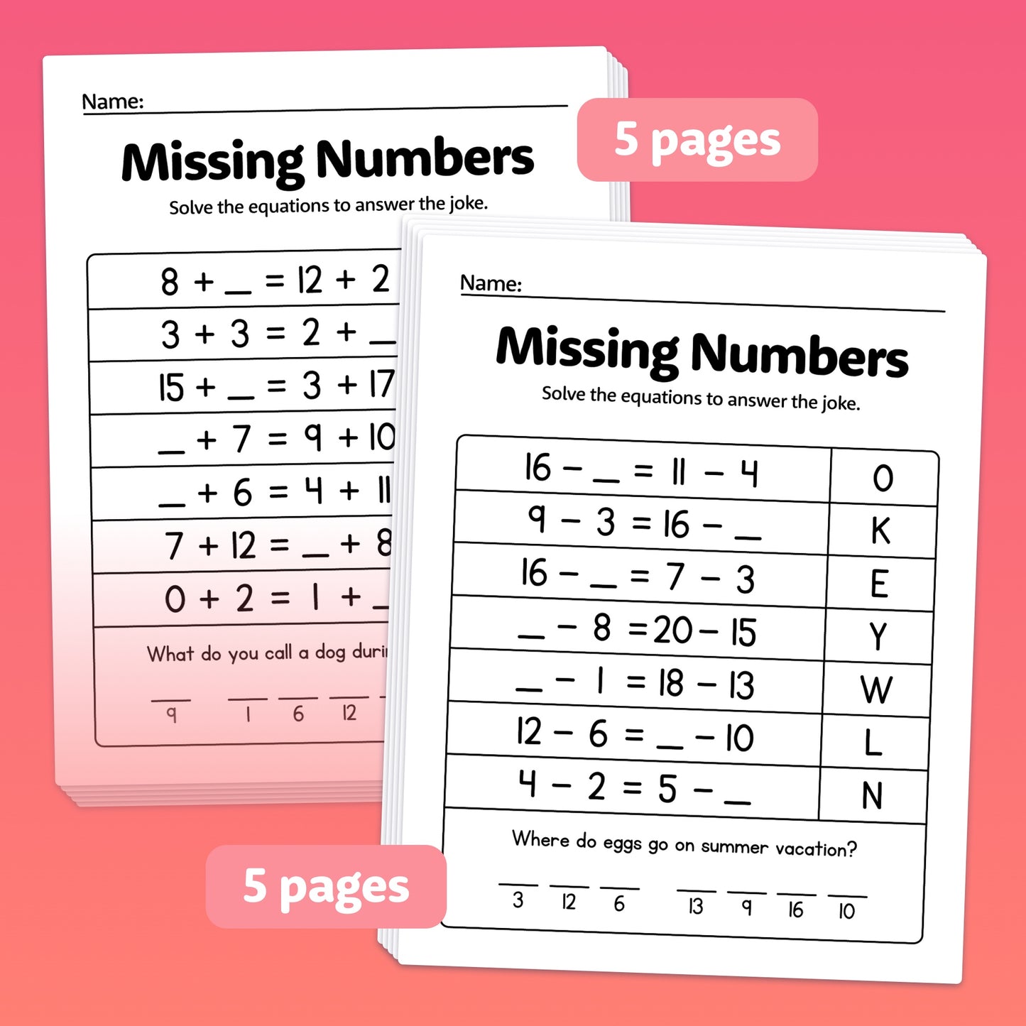 Worksheets with math equations titled "Summer Addition & Subtraction to 20 Worksheets.
