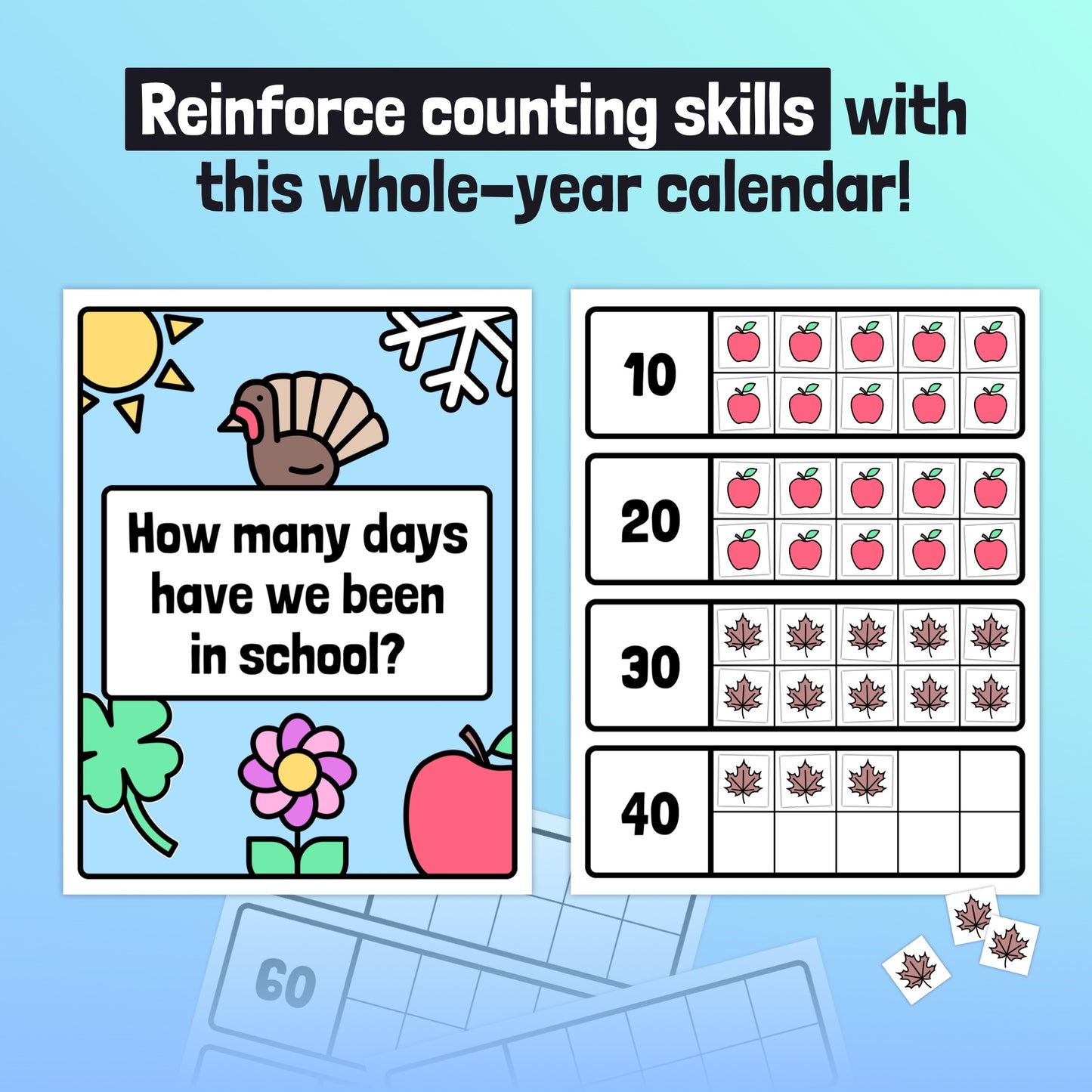 Ten Frame Calendars for counting school days with seasonal icons.
