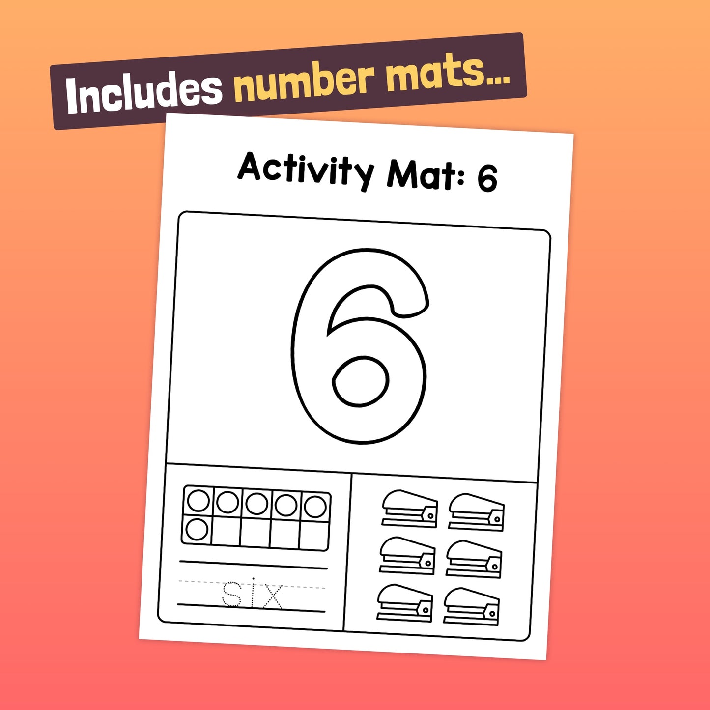 Activity mat with number 6 counting and writing exercises.