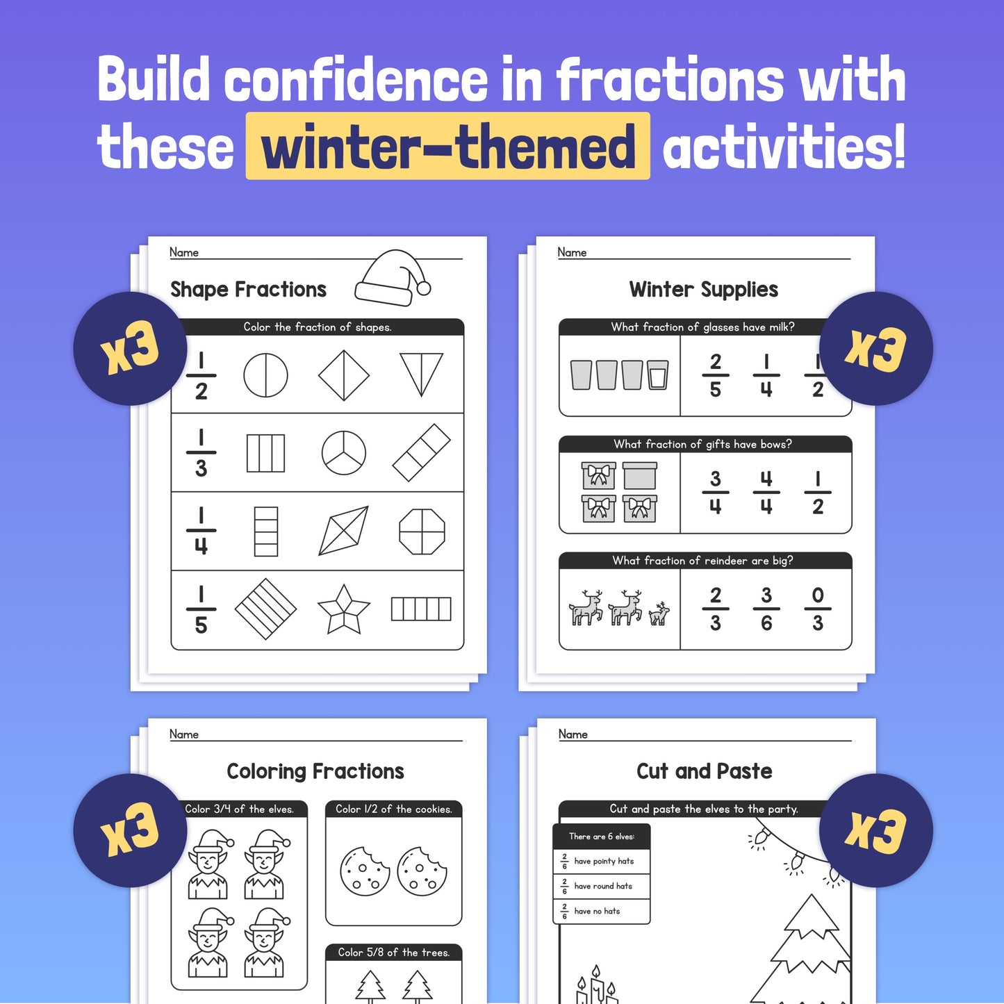 Winter-themed fraction worksheets with shapes, supplies, and puzzles.