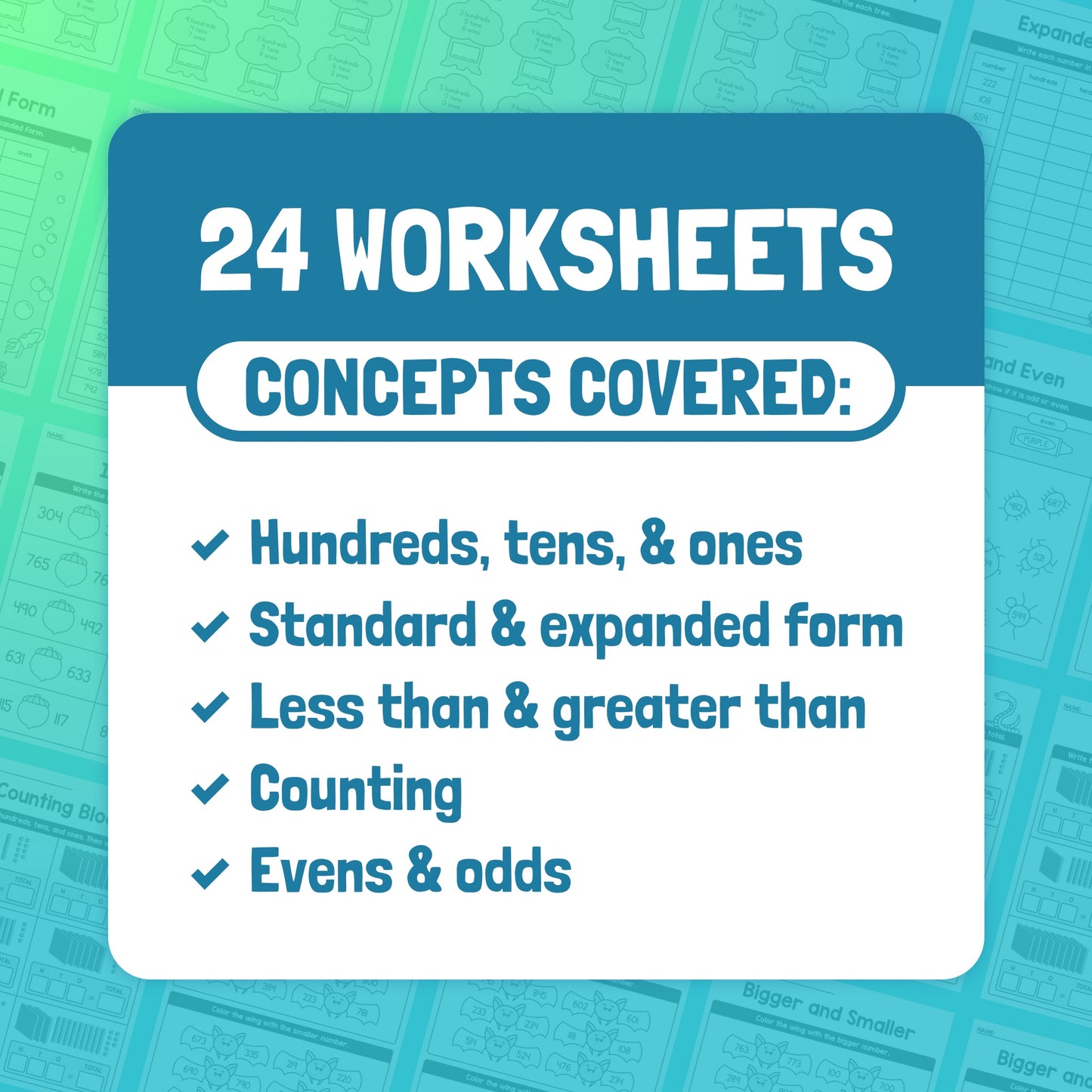 24 worksheets on nature-themed place value, covering forms, comparisons, and counting.