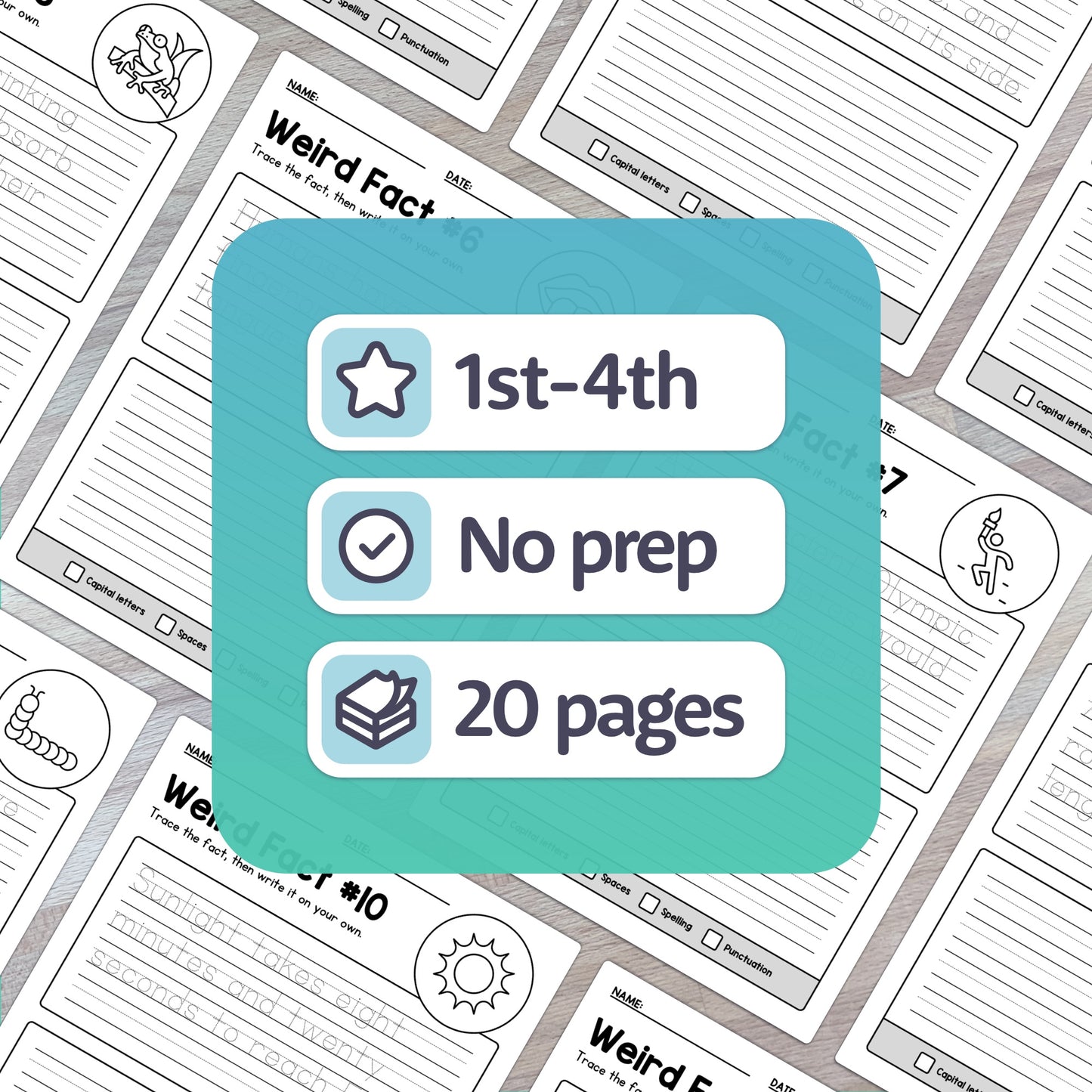 Education worksheet icon with "Weird Fact Handwriting Worksheets.