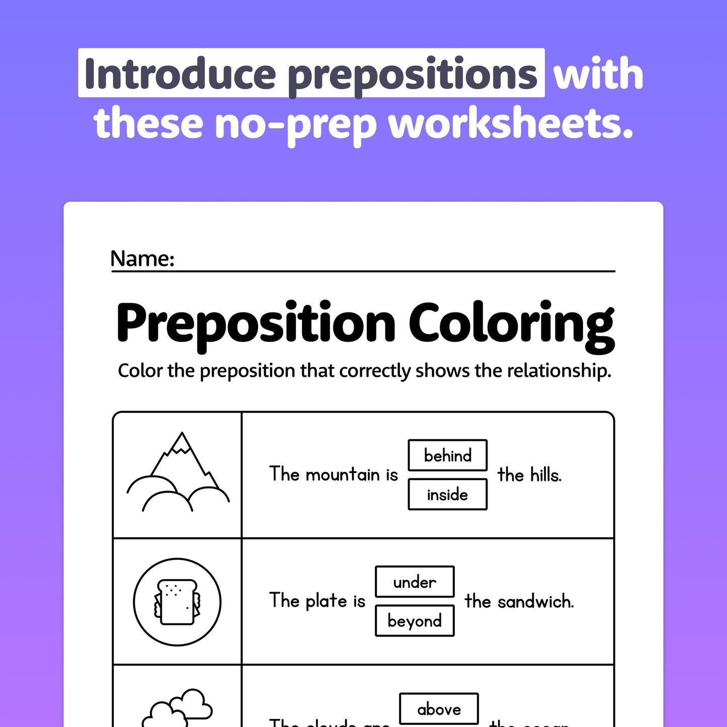 Worksheets with images and fill-in-the-blank sentences for preposition practice.