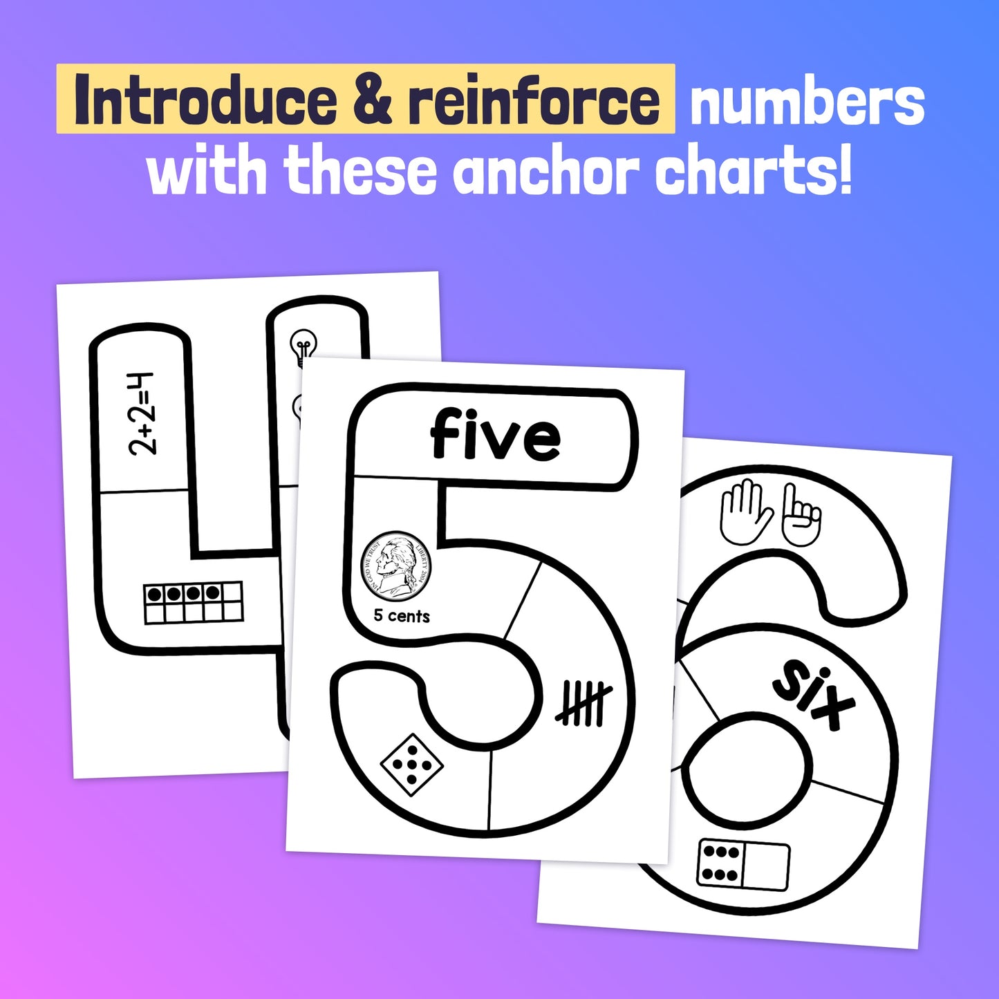 Three anchor charts with numbers 4, 5, and 6.