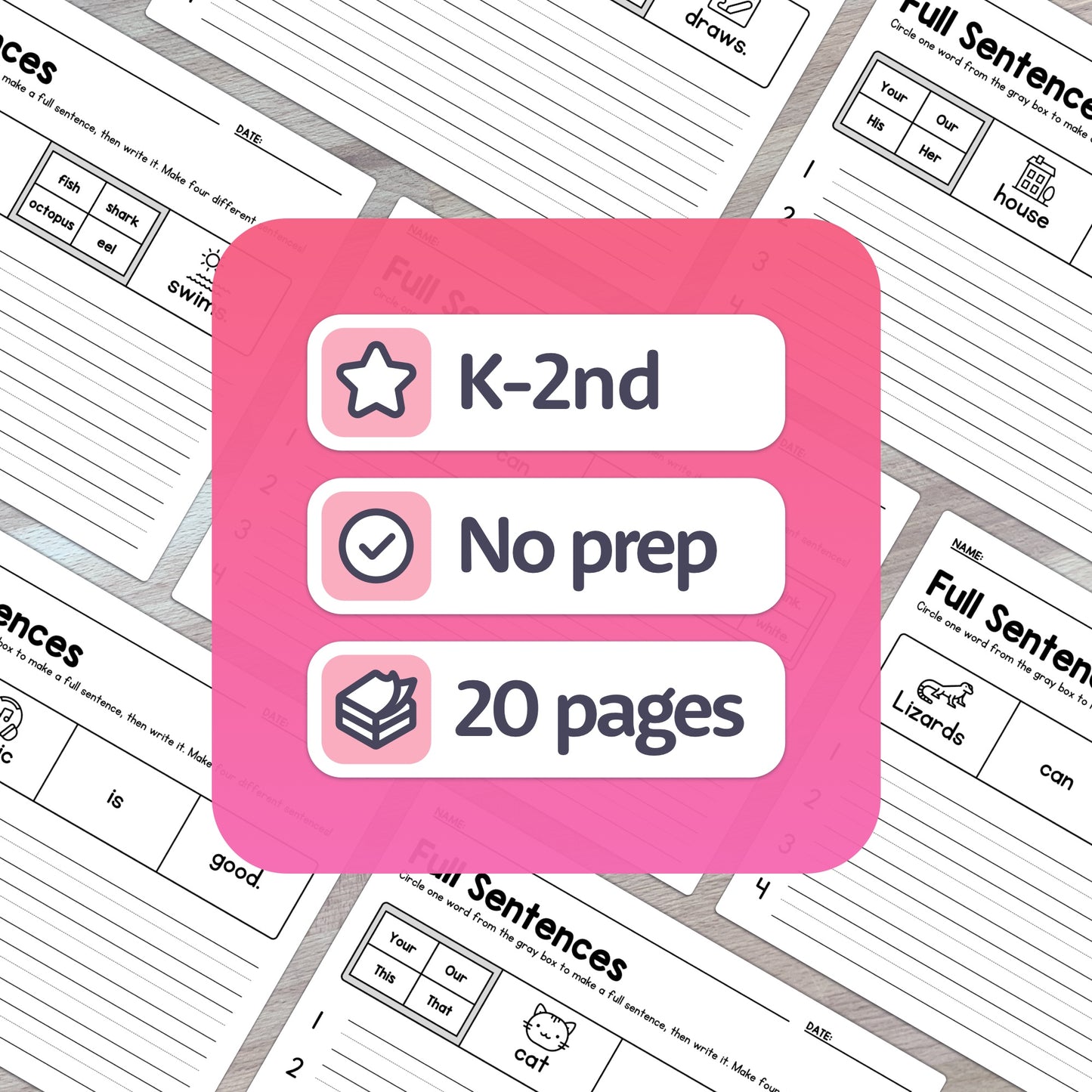 Kindergarten, 1st, and 2nd grade sentence writing worksheets