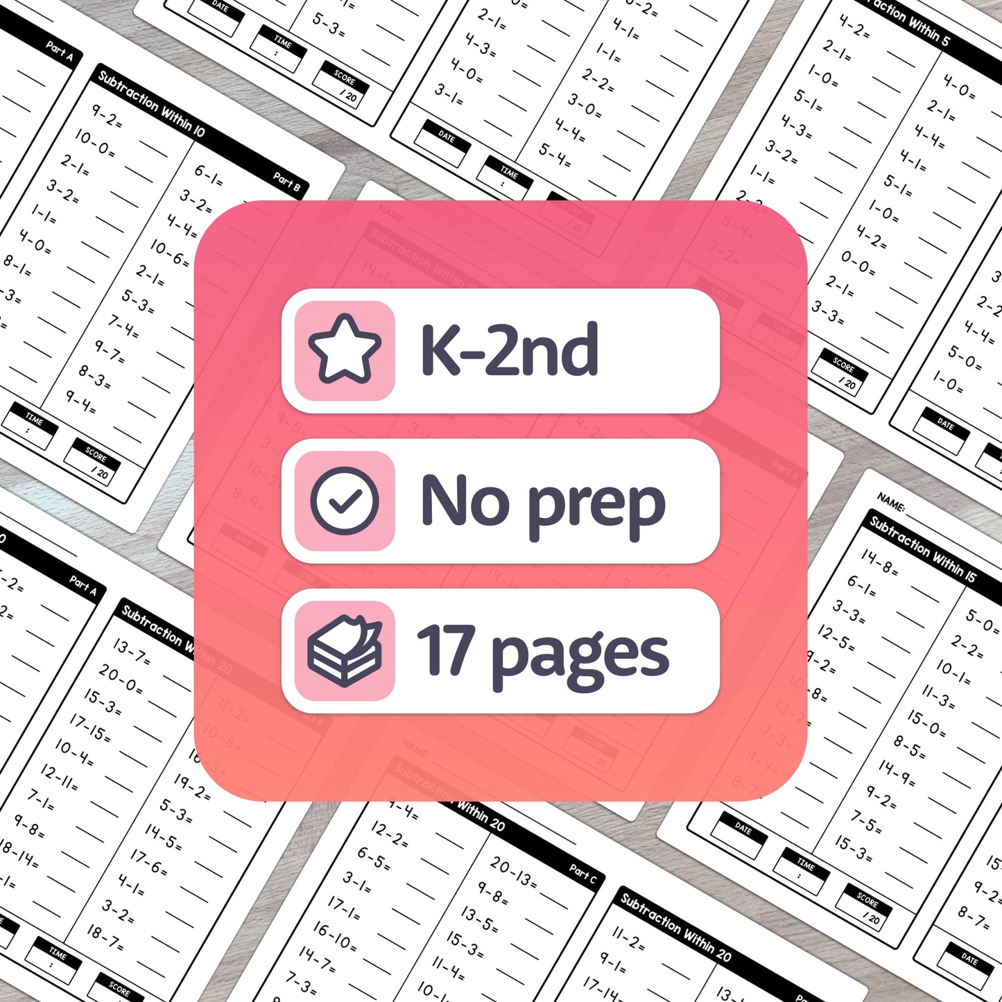 Math worksheets; text: "Minute Subtraction Drills," "K-2nd," "No prep," "17 pages" in a box.