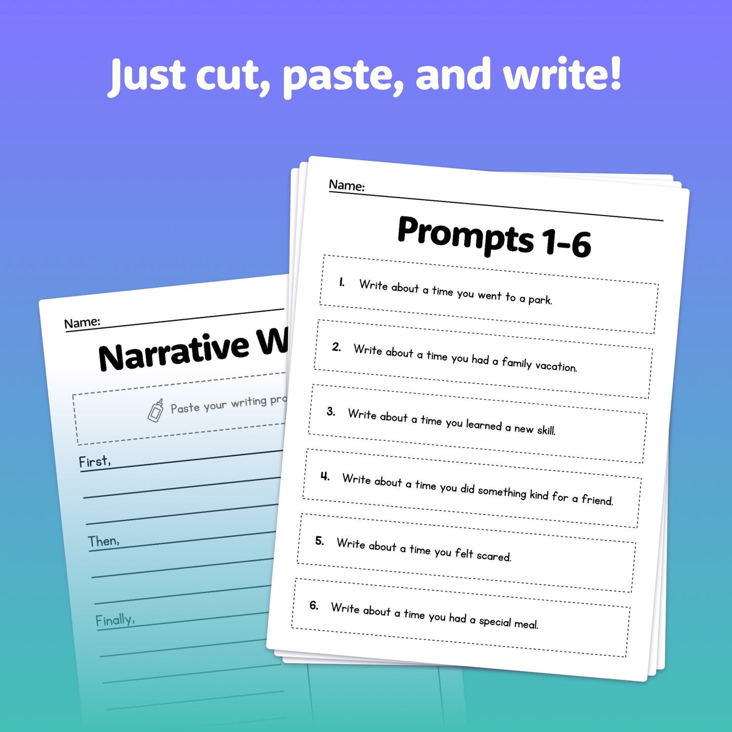 Two Narrative Writing Prompts Activity worksheets with a prompt header.