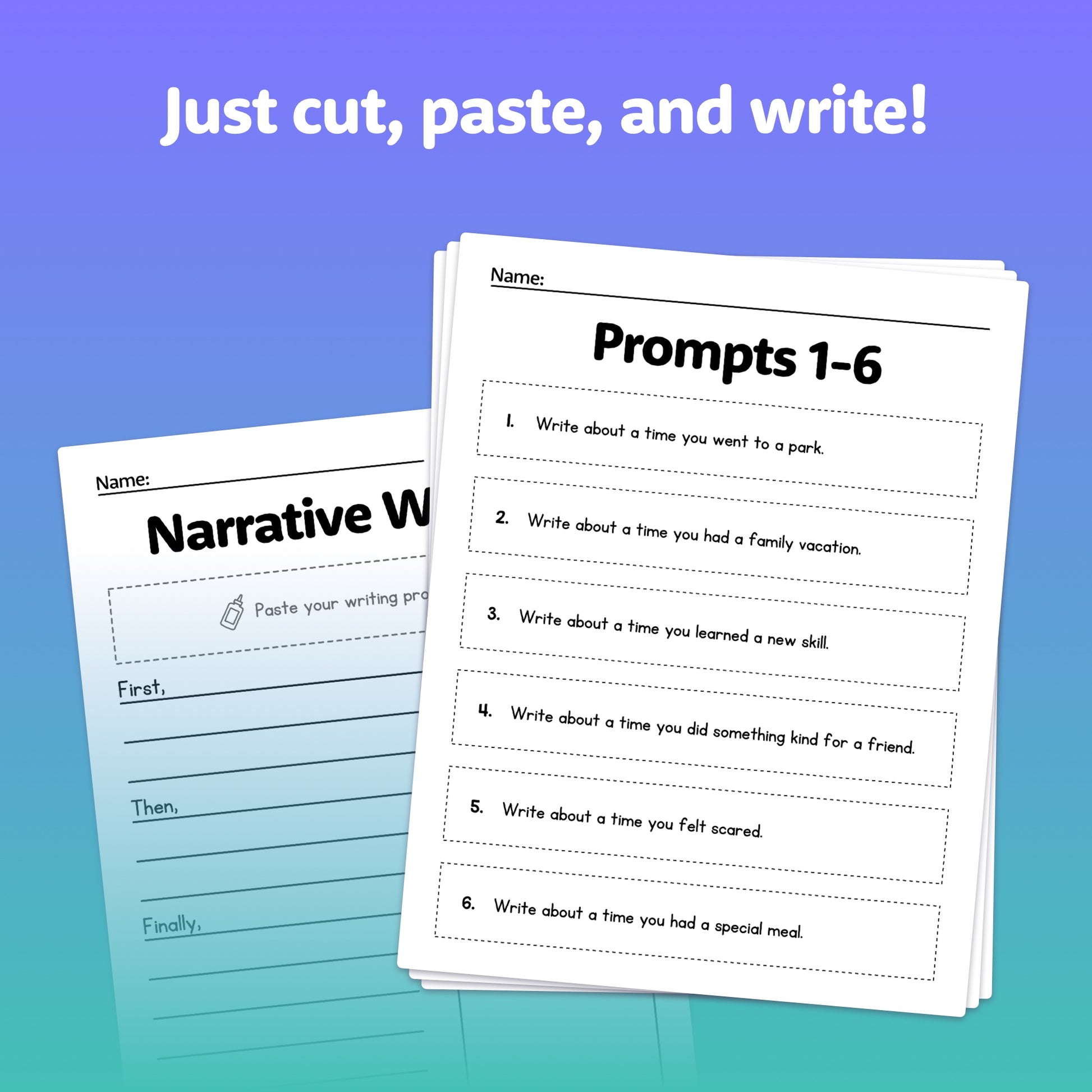 Two Narrative Writing Prompts Activity worksheets with a prompt header.