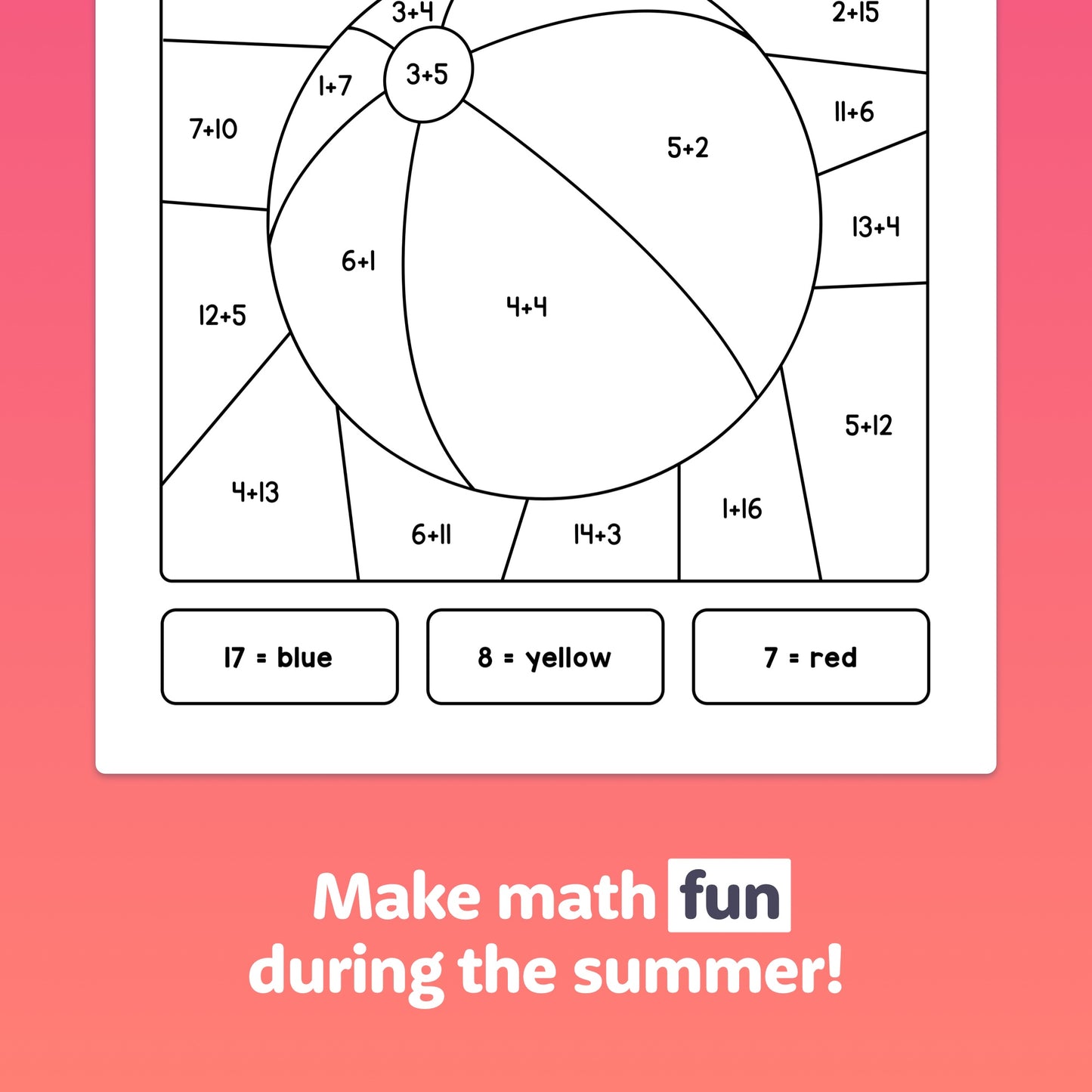 Summer-themed worksheet: solve addition problems and color sections in a circle.