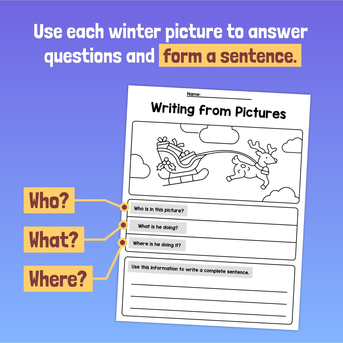 Winter writing worksheets for kids to answer who, what, and where questions.