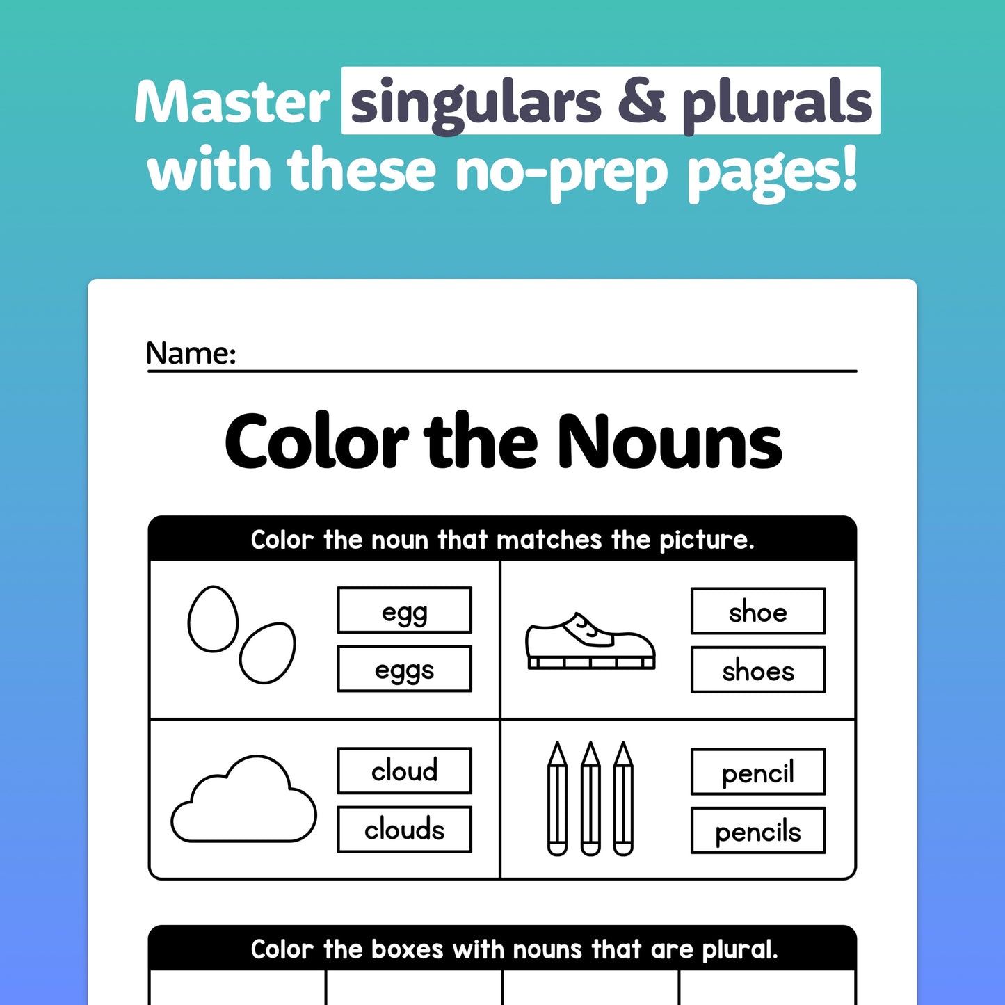 Singular and plural noun worksheets with pictures and text for practice.