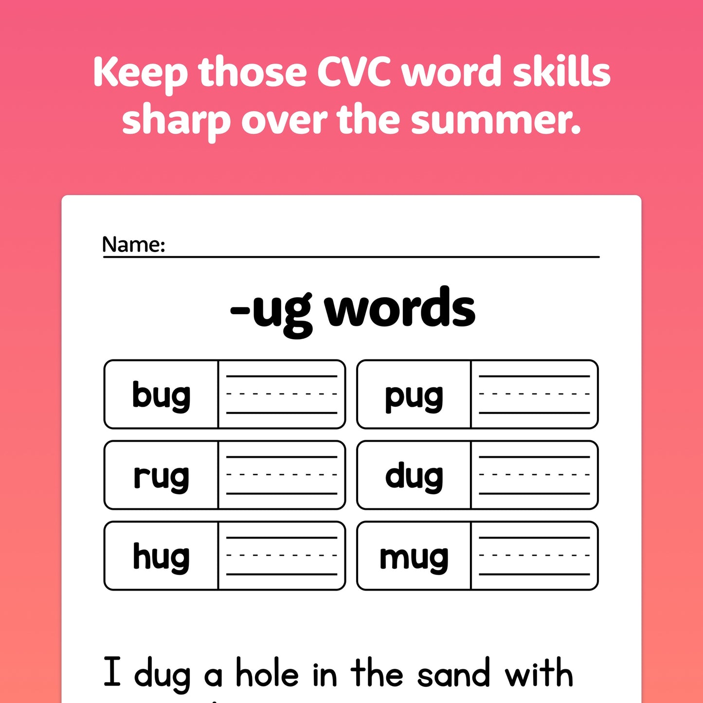 CVC worksheets with -ug words like bug, hug, mug, and pug.
