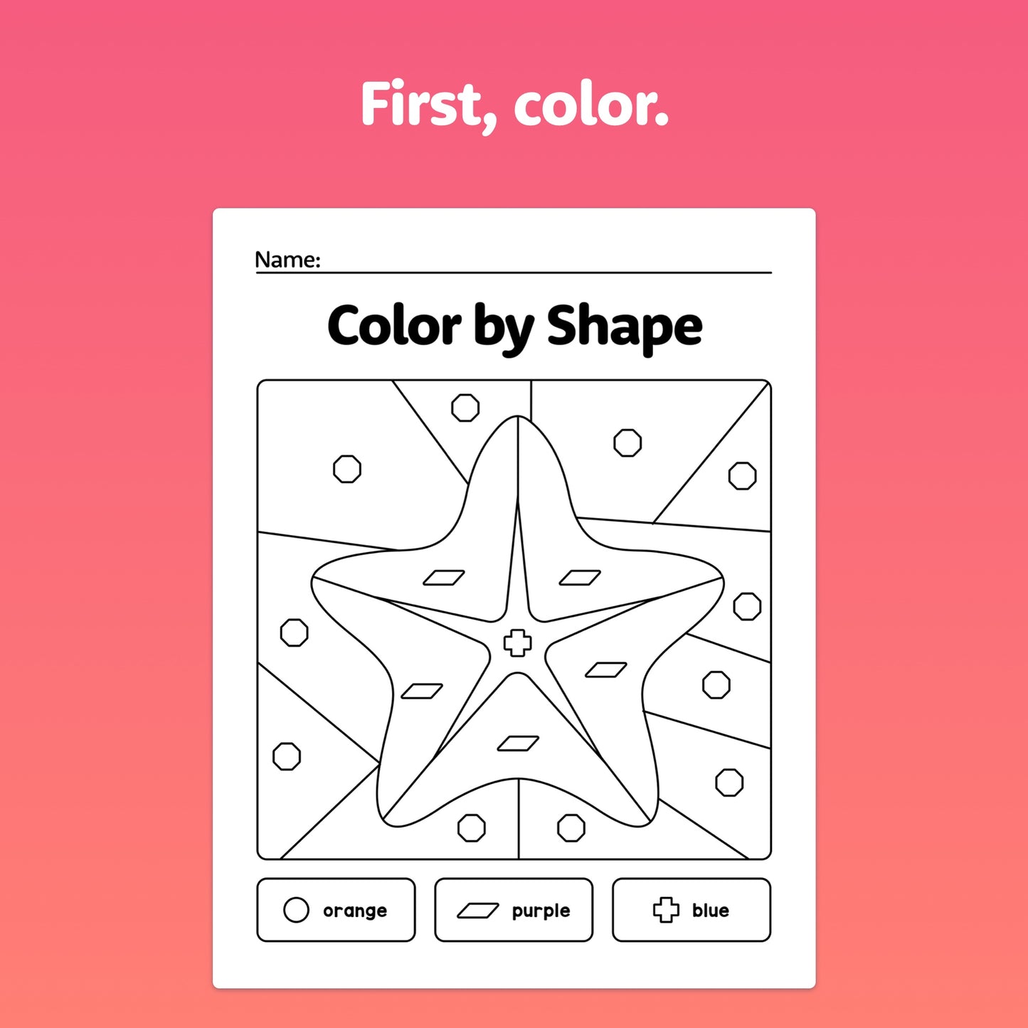 Coloring page with star and various shapes for color by assigned colors.